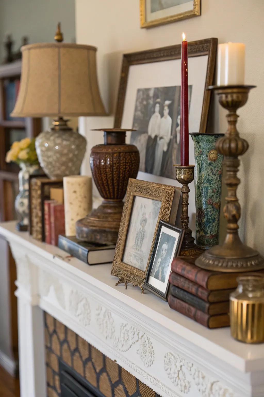 A fall mantel with an eclectic mixture of decor.