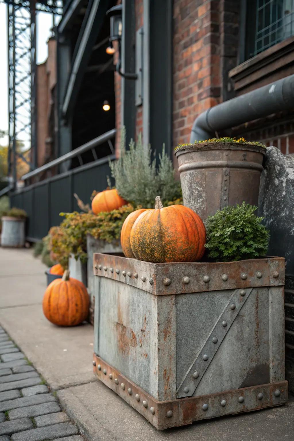 Weathered metals give some edge to gourd exhibits.
