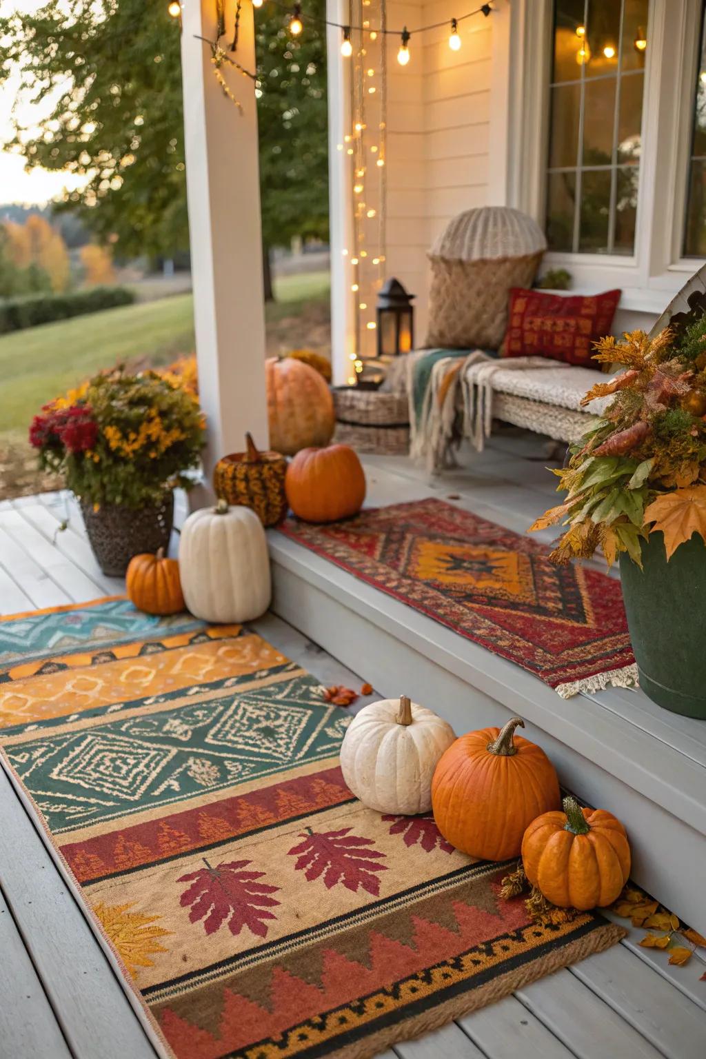Stratified rugs append dimension and snugness to the autumn entryway decor.