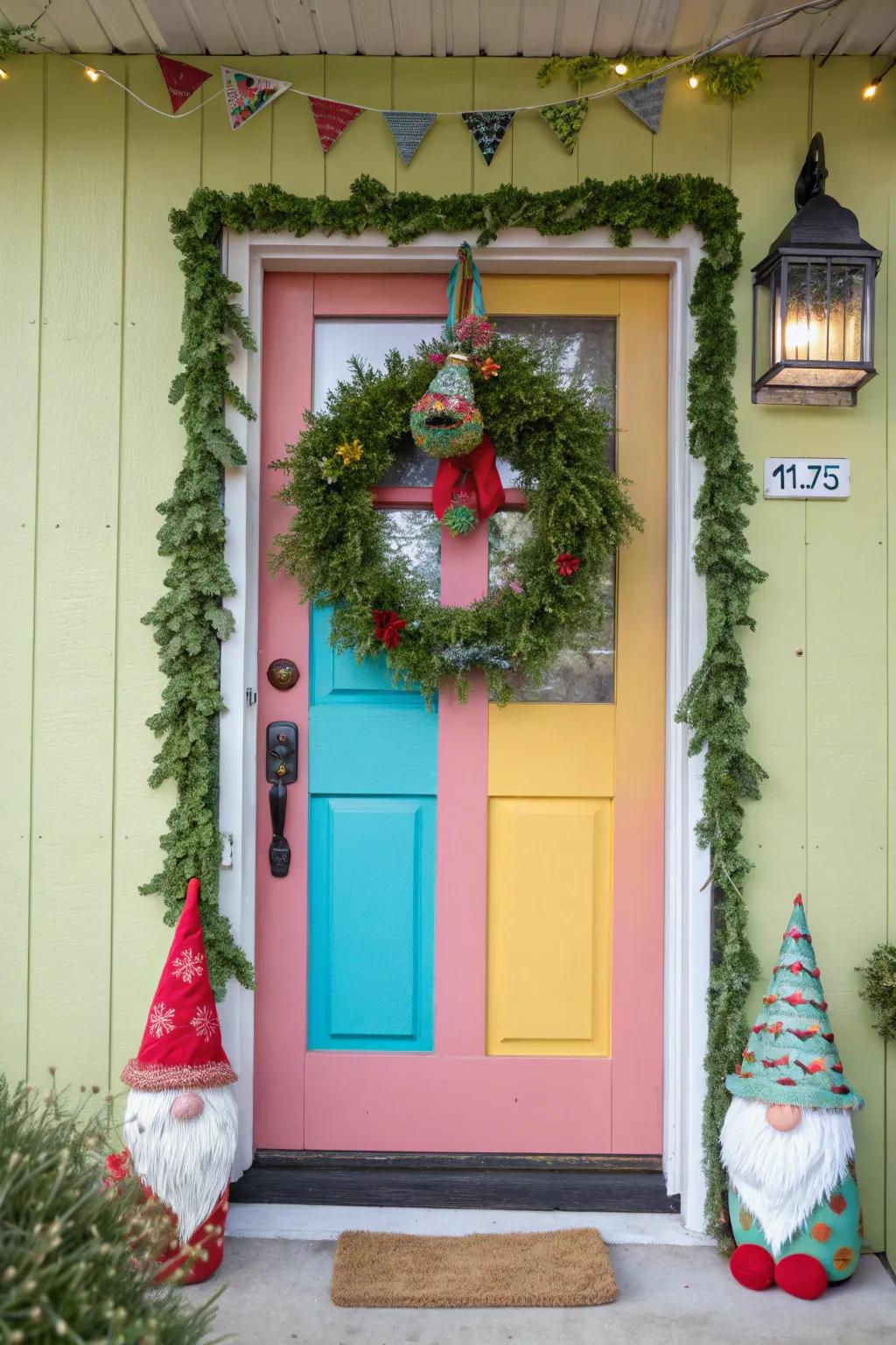 A gnome-inspired wreath injects whimsy and amusement into your entry.