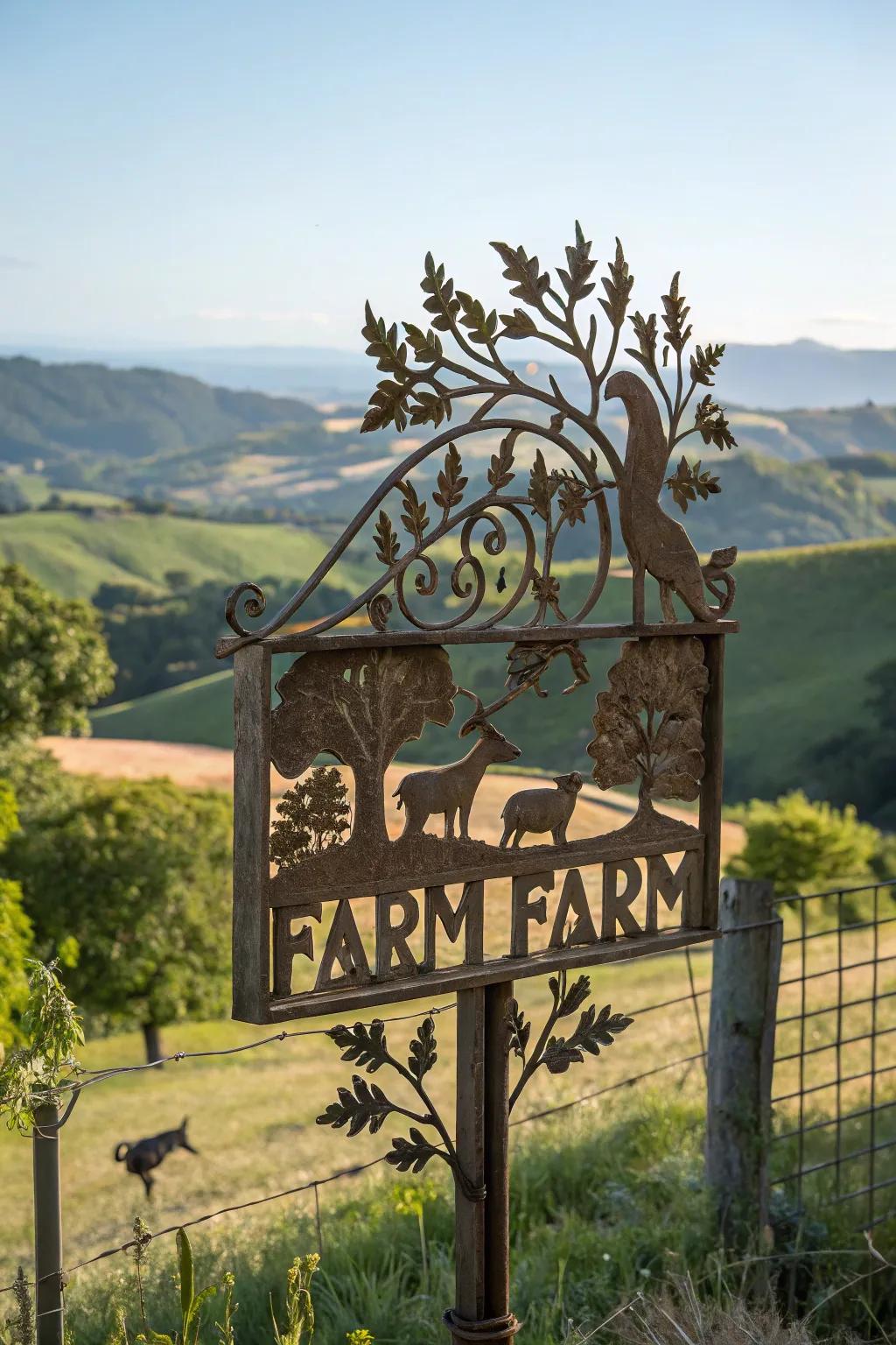 Artistic sculptures that merge nature and creativity in a farm sign.