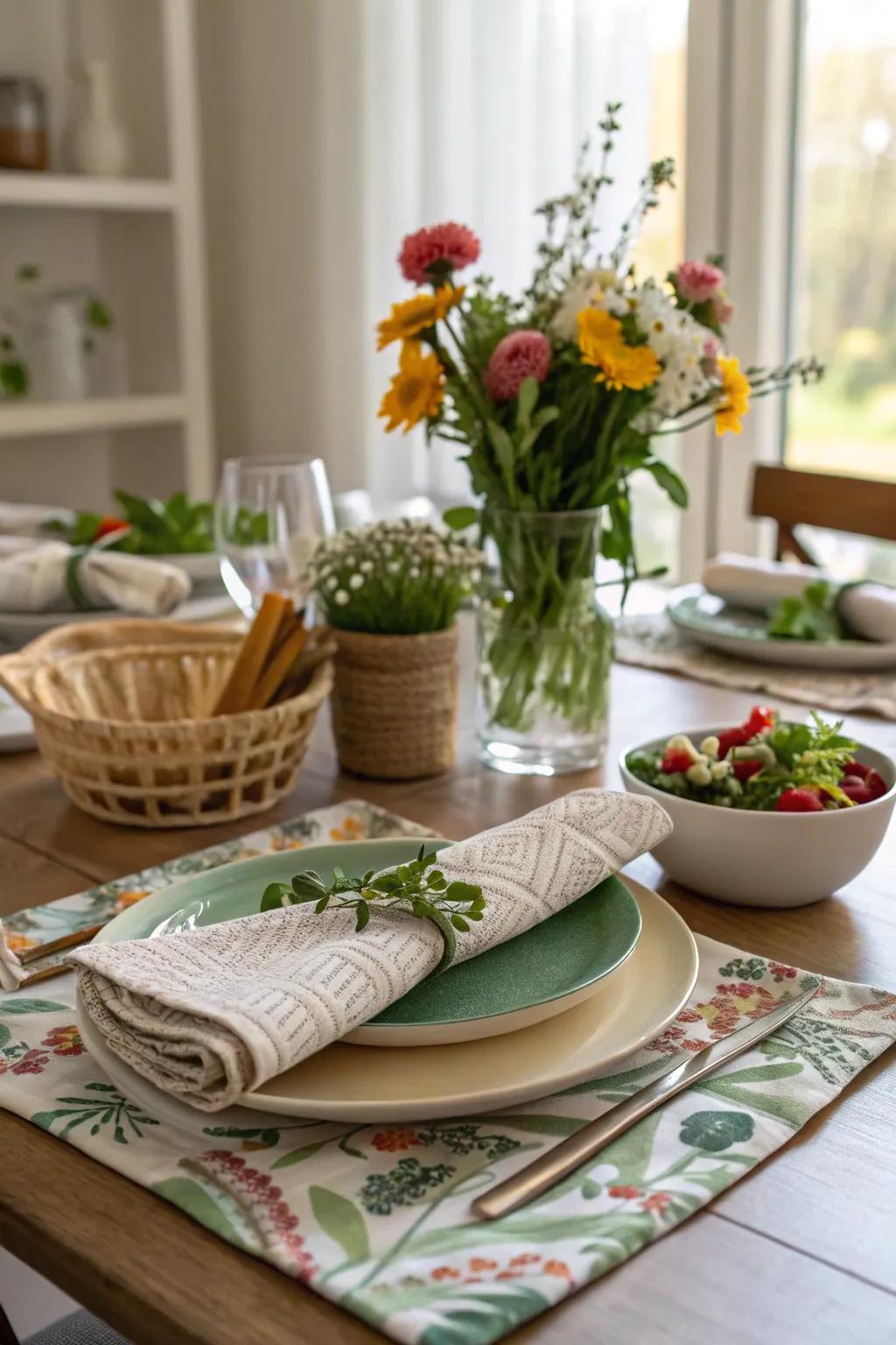 Eco-conscious nuances are both stylish and conscientious for the table setting.
