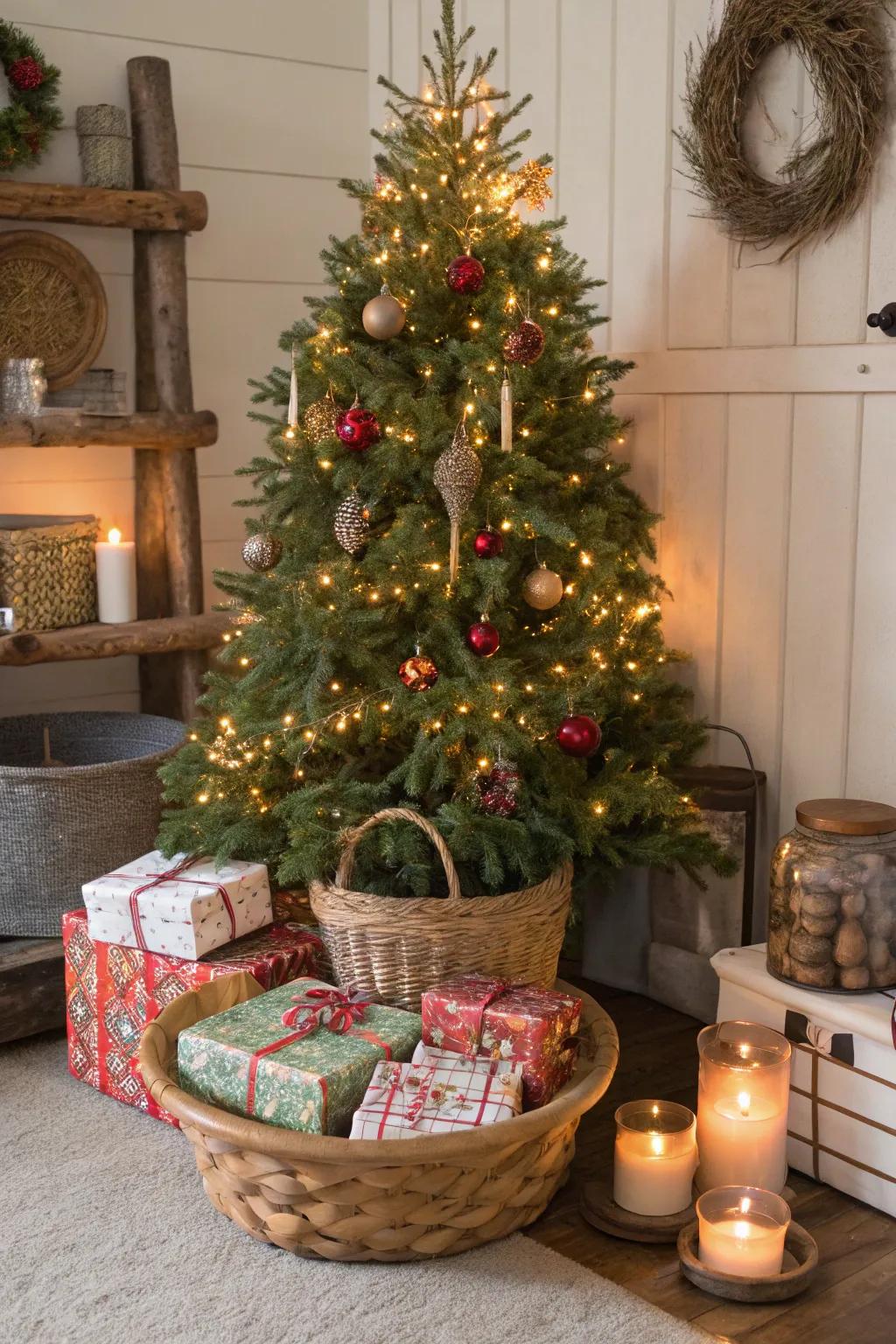A wicker collar provides a practical and stylish base for this tree.