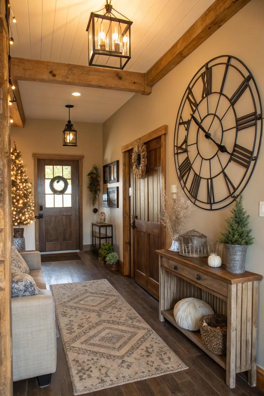 A farmhouse entryway featuring a striking rustic clock.