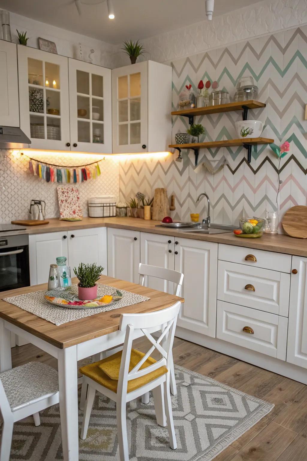 A chevron covering adds a playful and whimsical touch to this farmhouse kitchen.