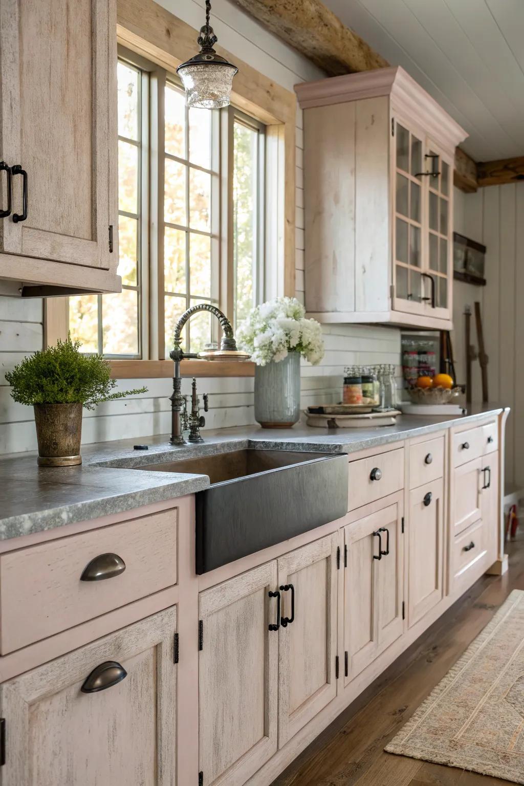 Industrial elements can add an edgy contrast to chalk-painted cabinets.
