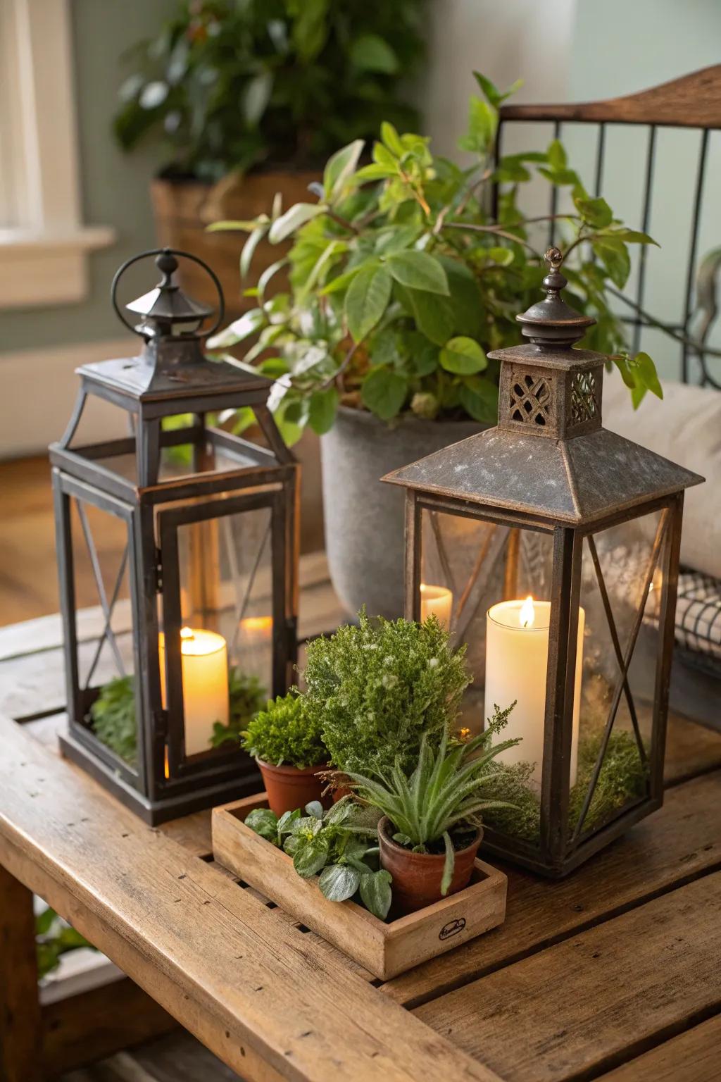 Lanterns can serve double duty as imaginative flora holders.