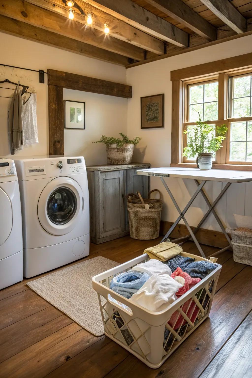 A stylish and functional recycling station complements this eco-conscious farmhouse laundry room.