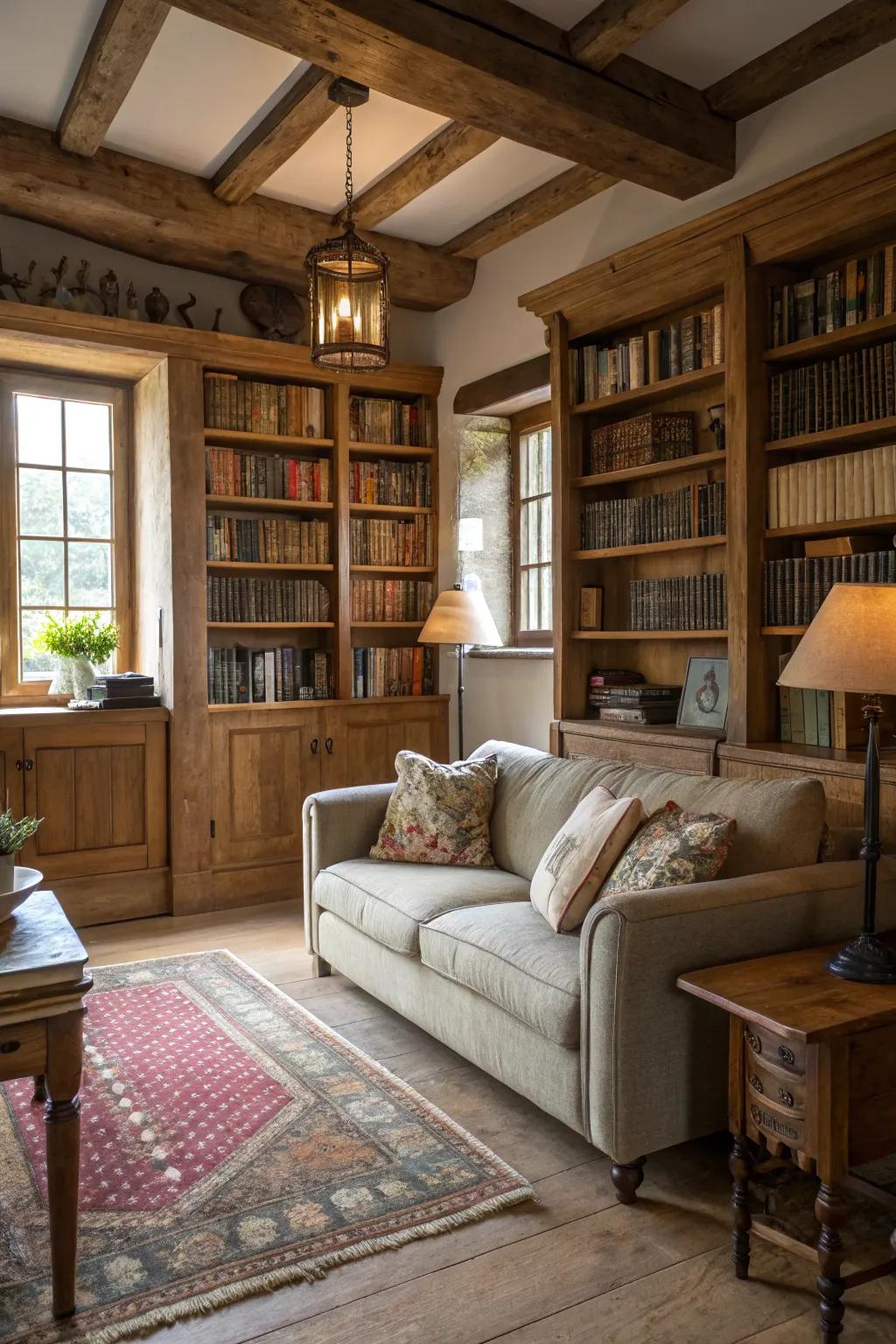 A lounge area with a sofa offers a relaxed space for reading and unwinding.