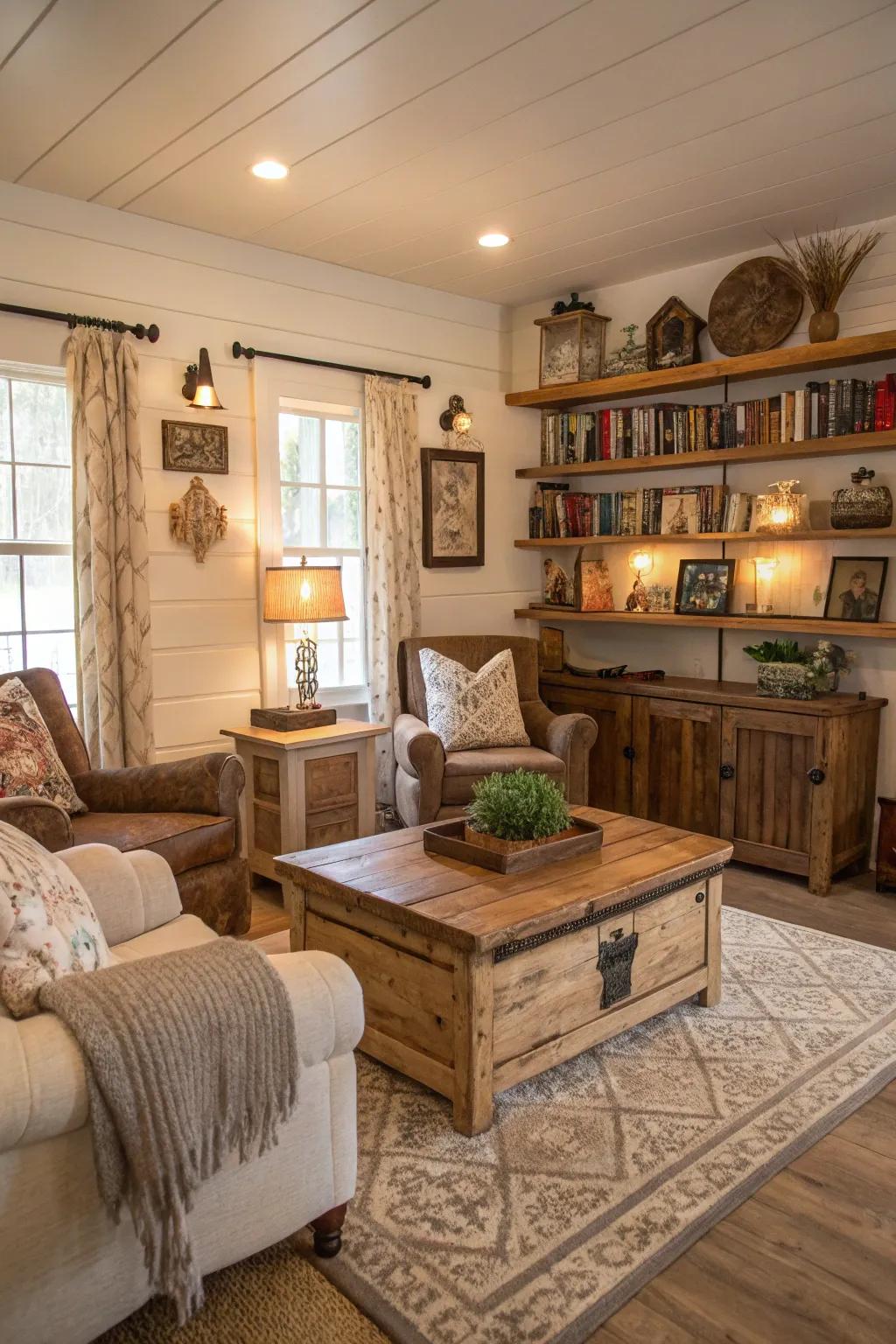 Recycled wood furniture injects history and character to this farmhouse living area.