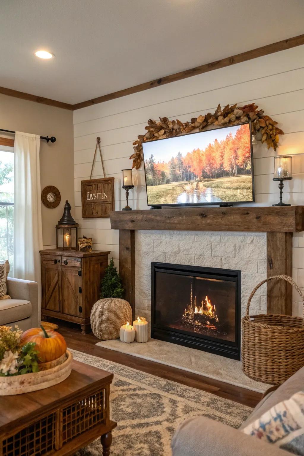 A farmhouse parlor with a TV above the mantel, displaying themed paintings for a fresh look.
