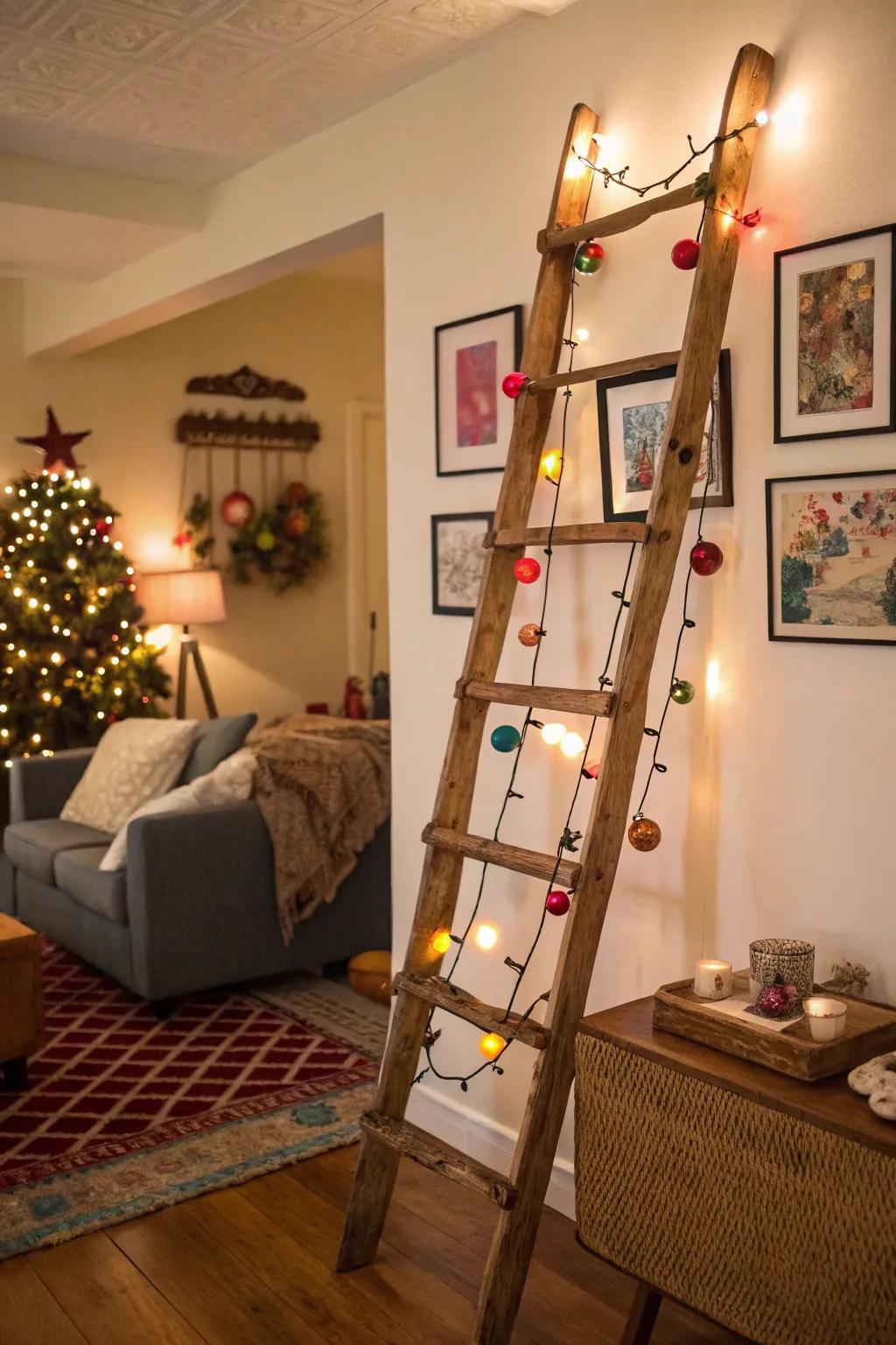 A rustic ladder used as decoration on a wall