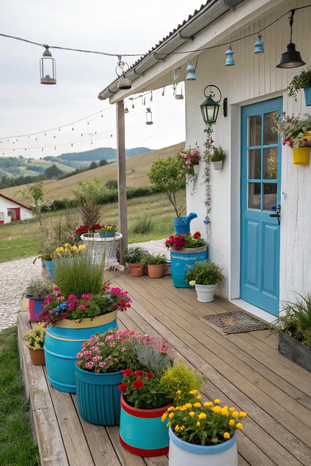 Whimsical decor adds a playful touch to a farmhouse patio.
