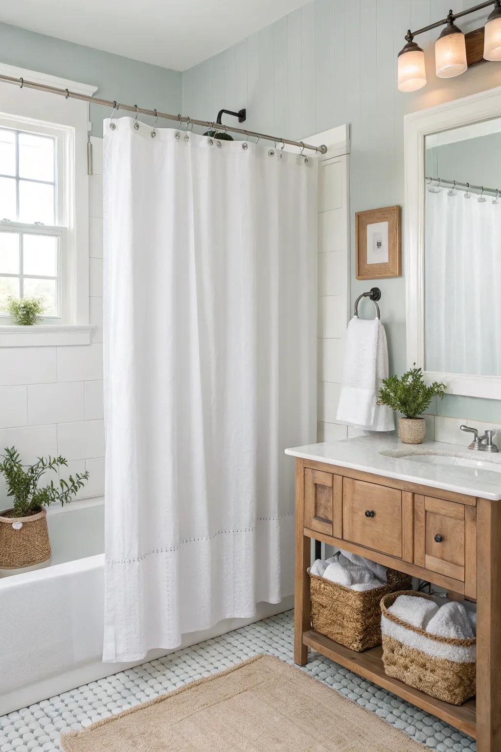 A bright bathroom with a delicate white shower curtain and minimalist decor.