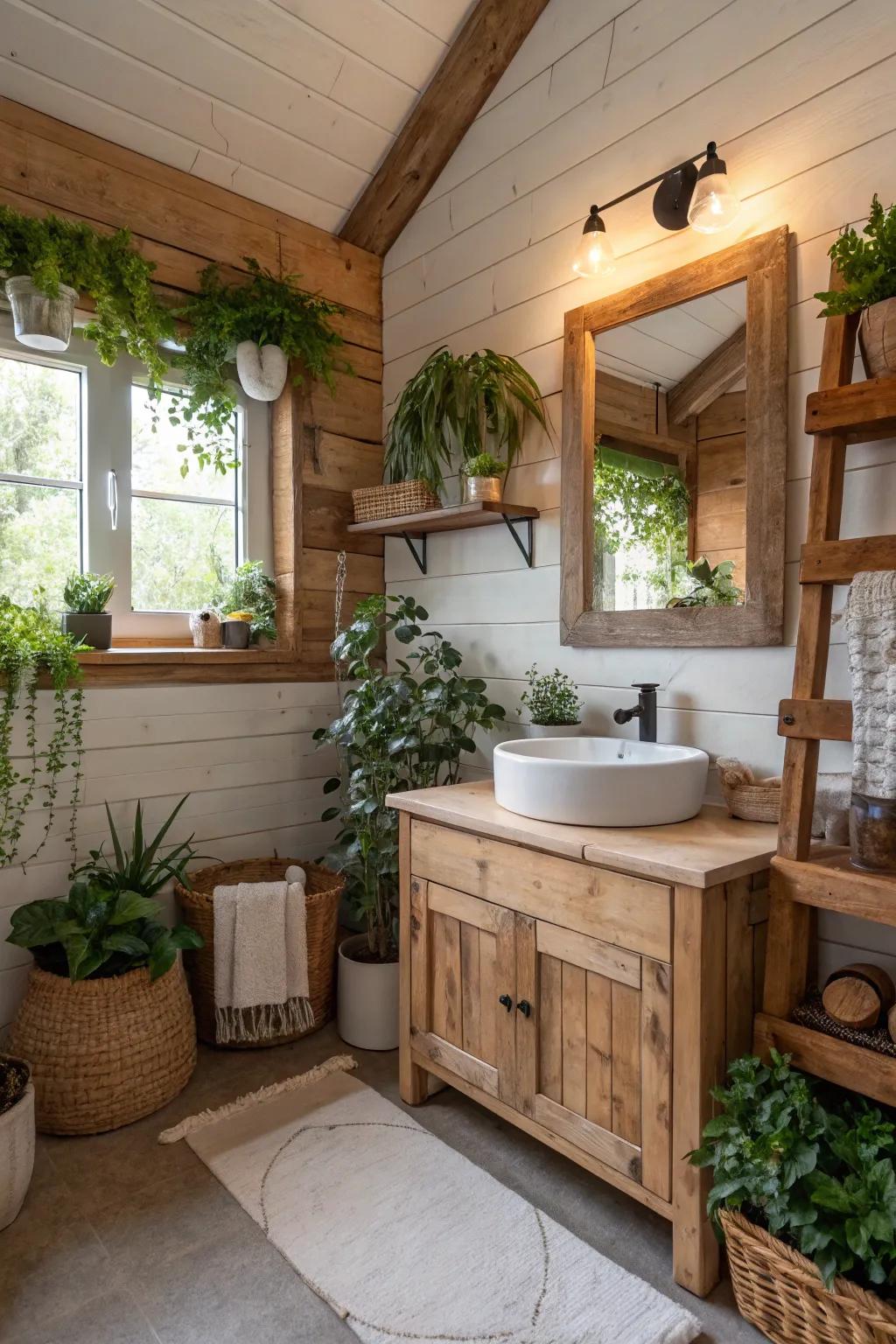 Greenery adds a fresh, natural touch to this farmhouse bathroom.