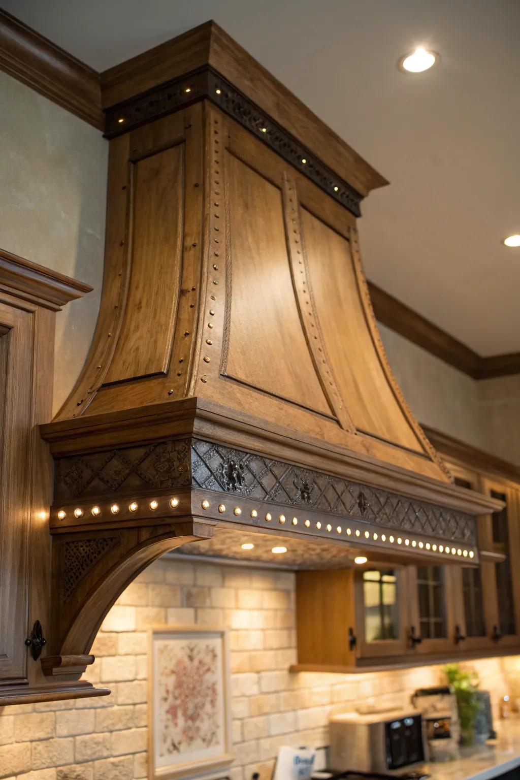 Accent lighting highlights the features of a wooden ventilator.