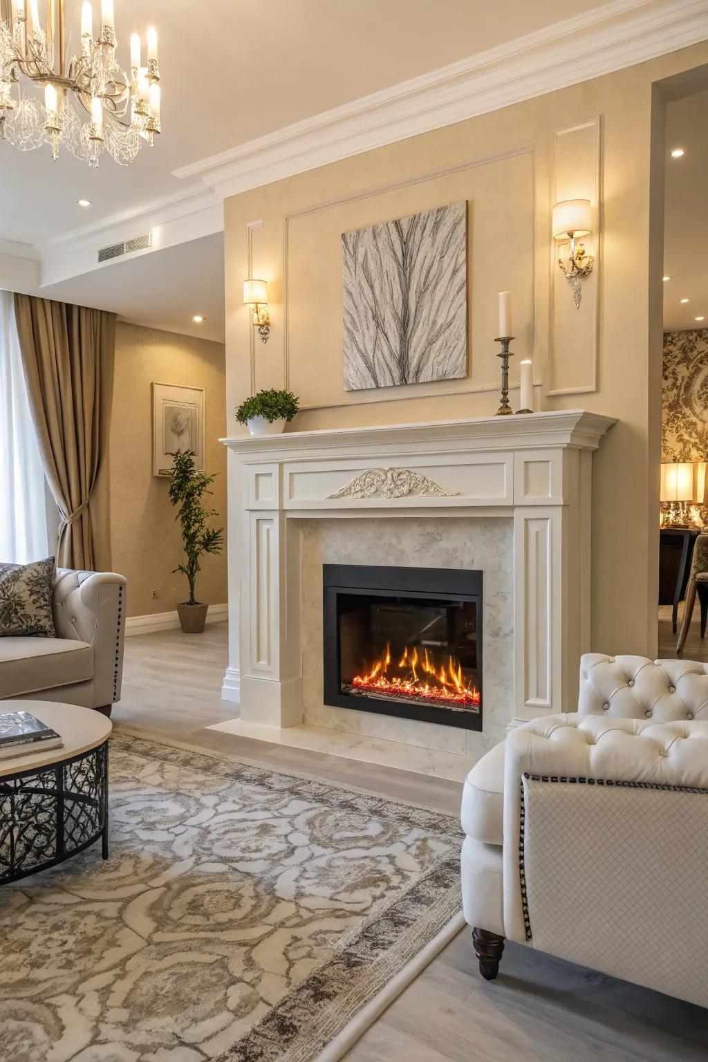 A show fireplace with a painted picture of fire.
