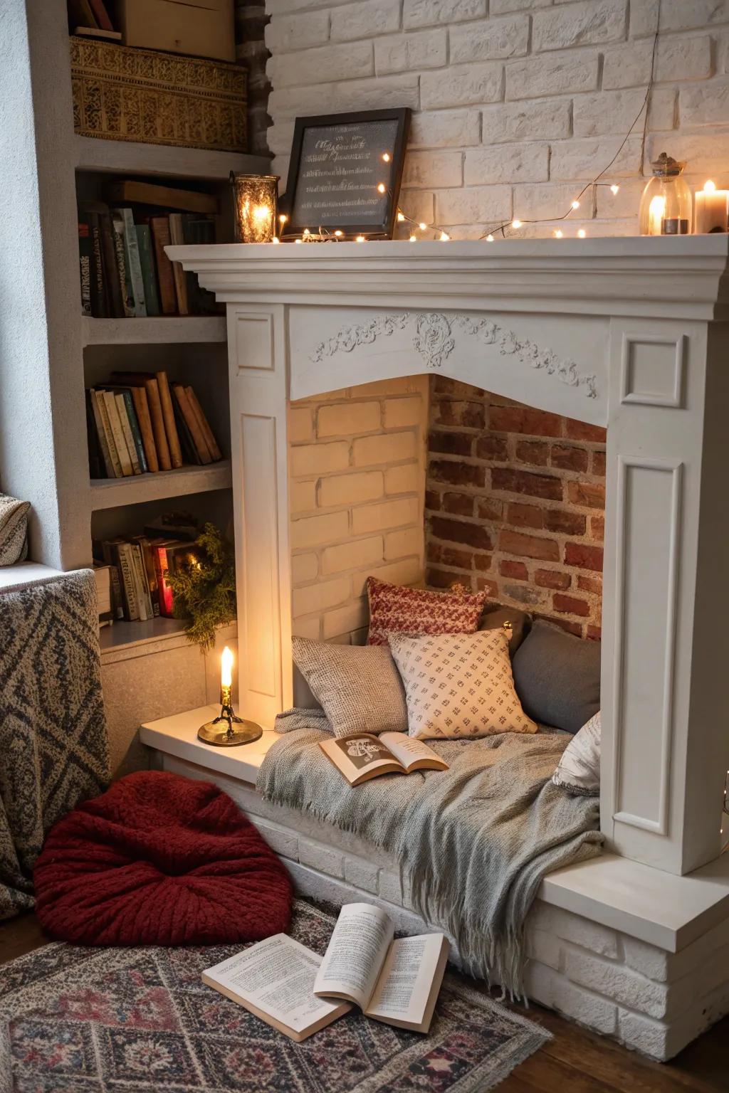 A literary corner by the fireplace for snug perusing sessions.