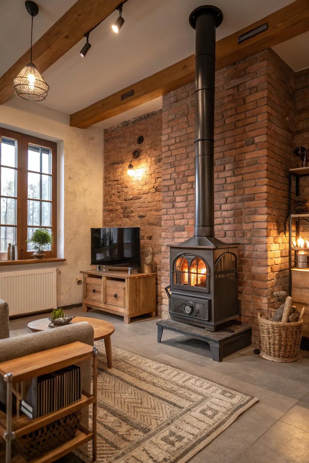 A bold, industrial-style living space featuring a central fireplace with steel and exposed brick.