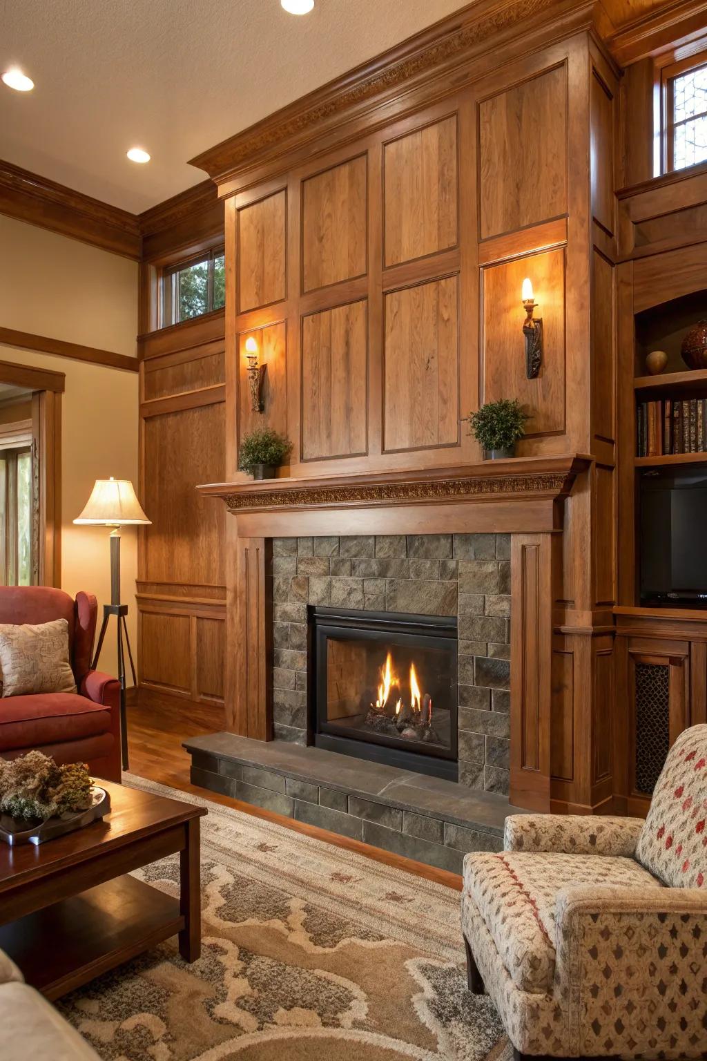 Mixed timber tones introduce warmth and depth to the fireplace.