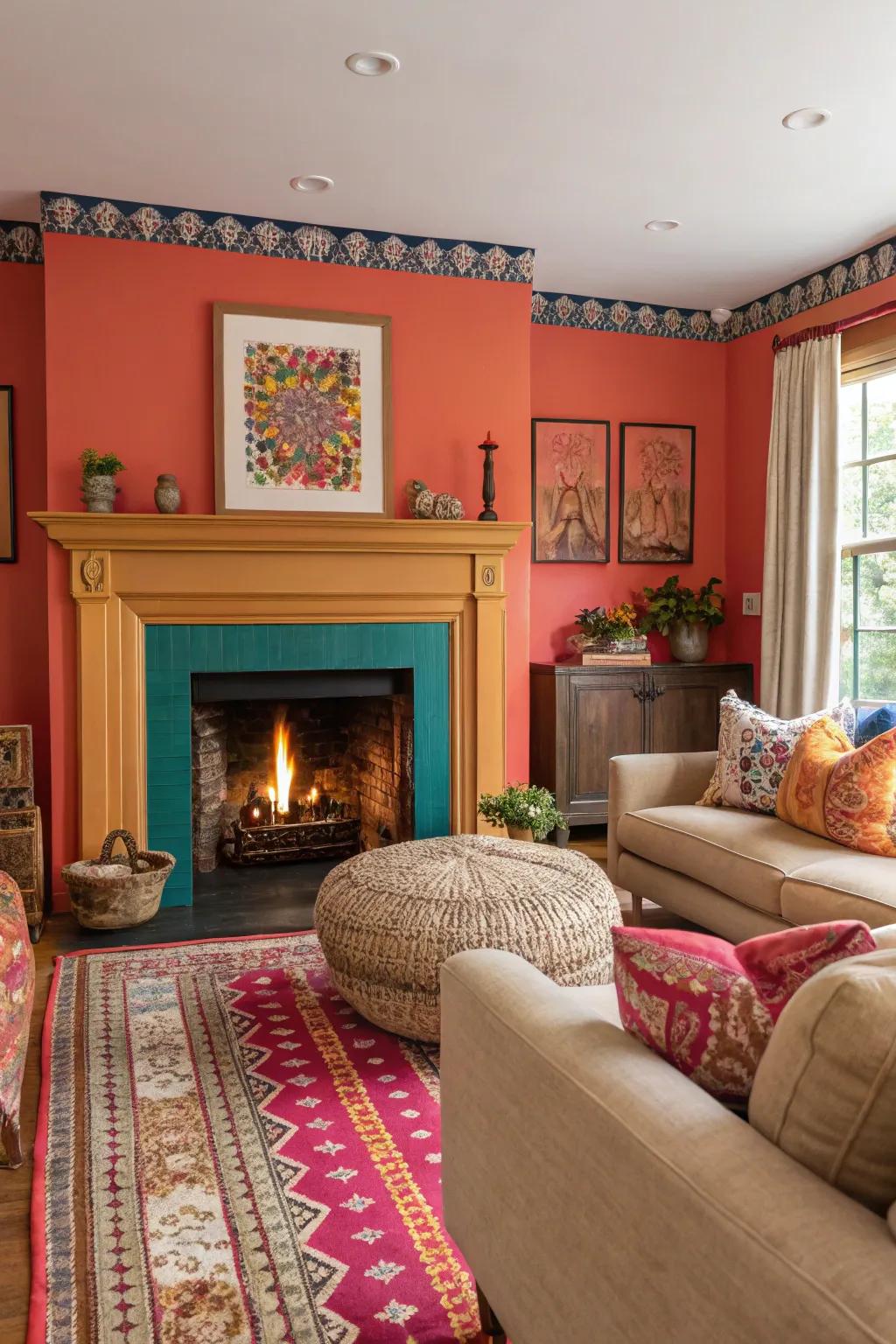 Painted highlights transform your fireplace into a vibrant centerpiece.