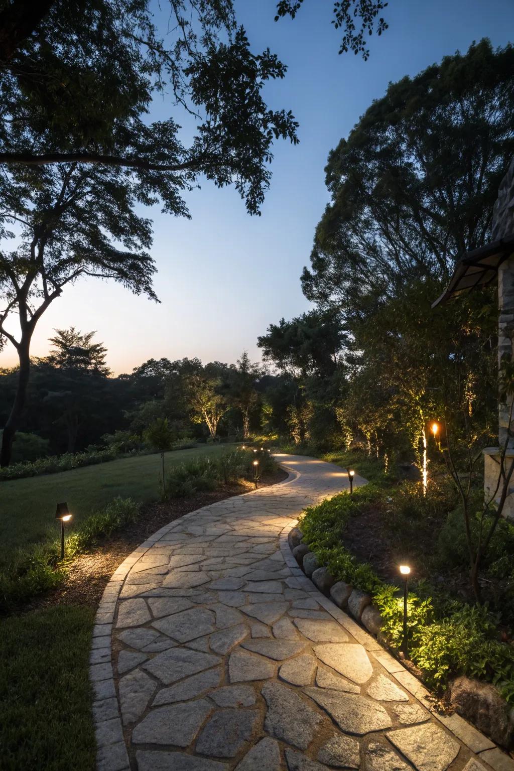 A paving stone pathway beautifully lit for enchanting evening walks.