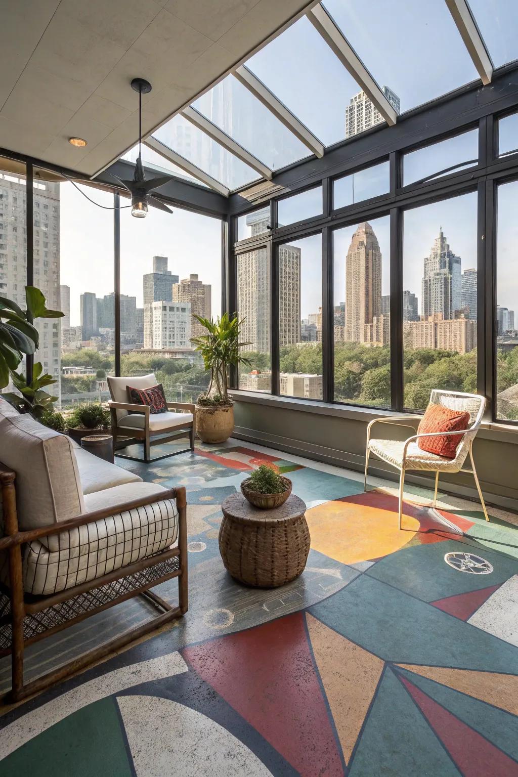 Painted concrete floors deliver artwork for artistic expression.