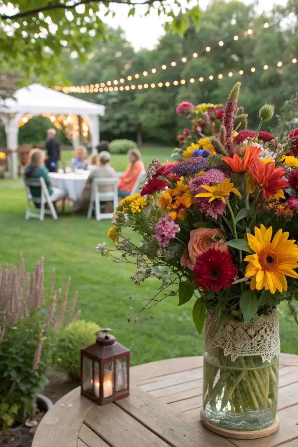 A garden party arrangement adding festive cheer to an outdoor space.
