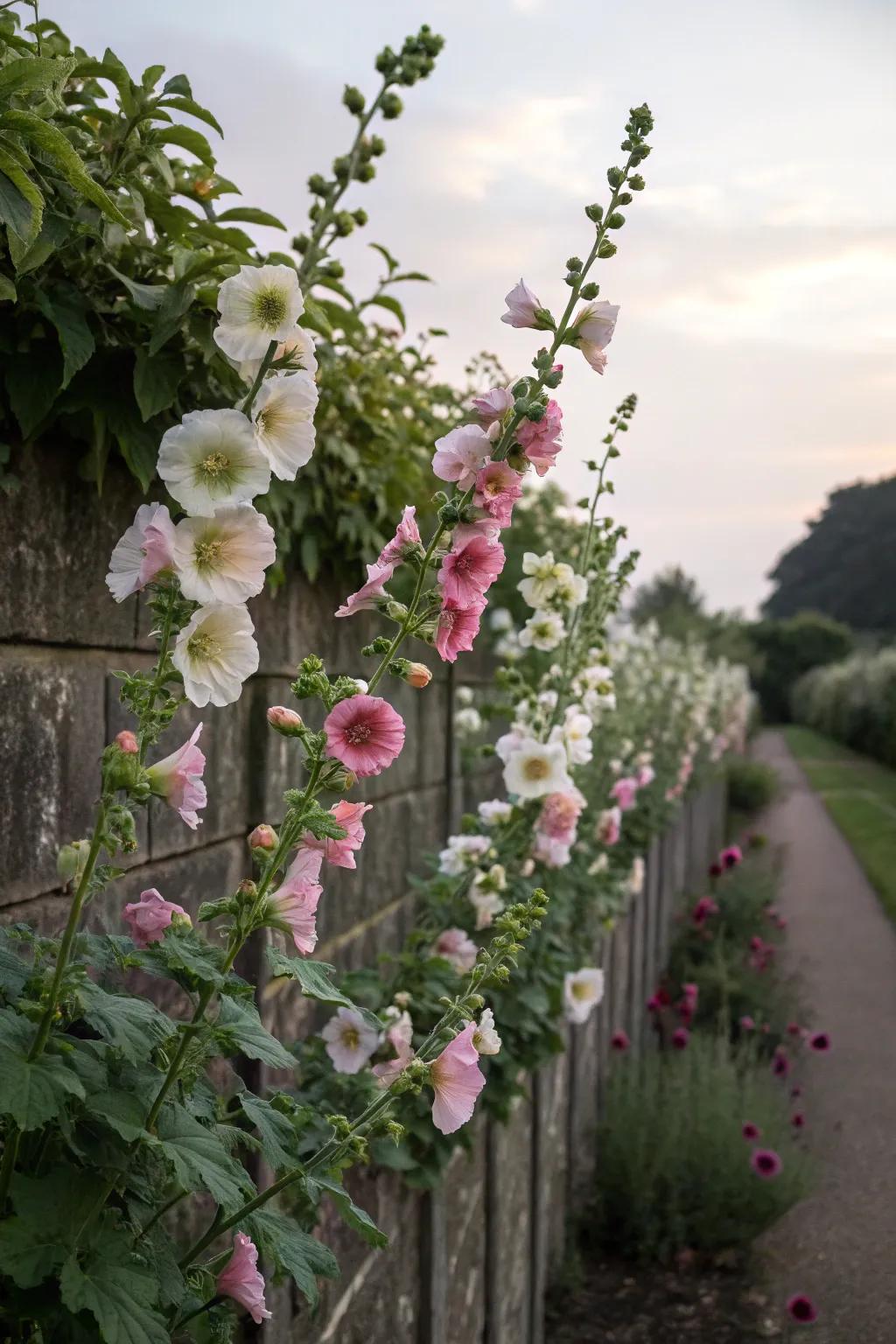 Alcea adding cottage charm with pastel blooms.
