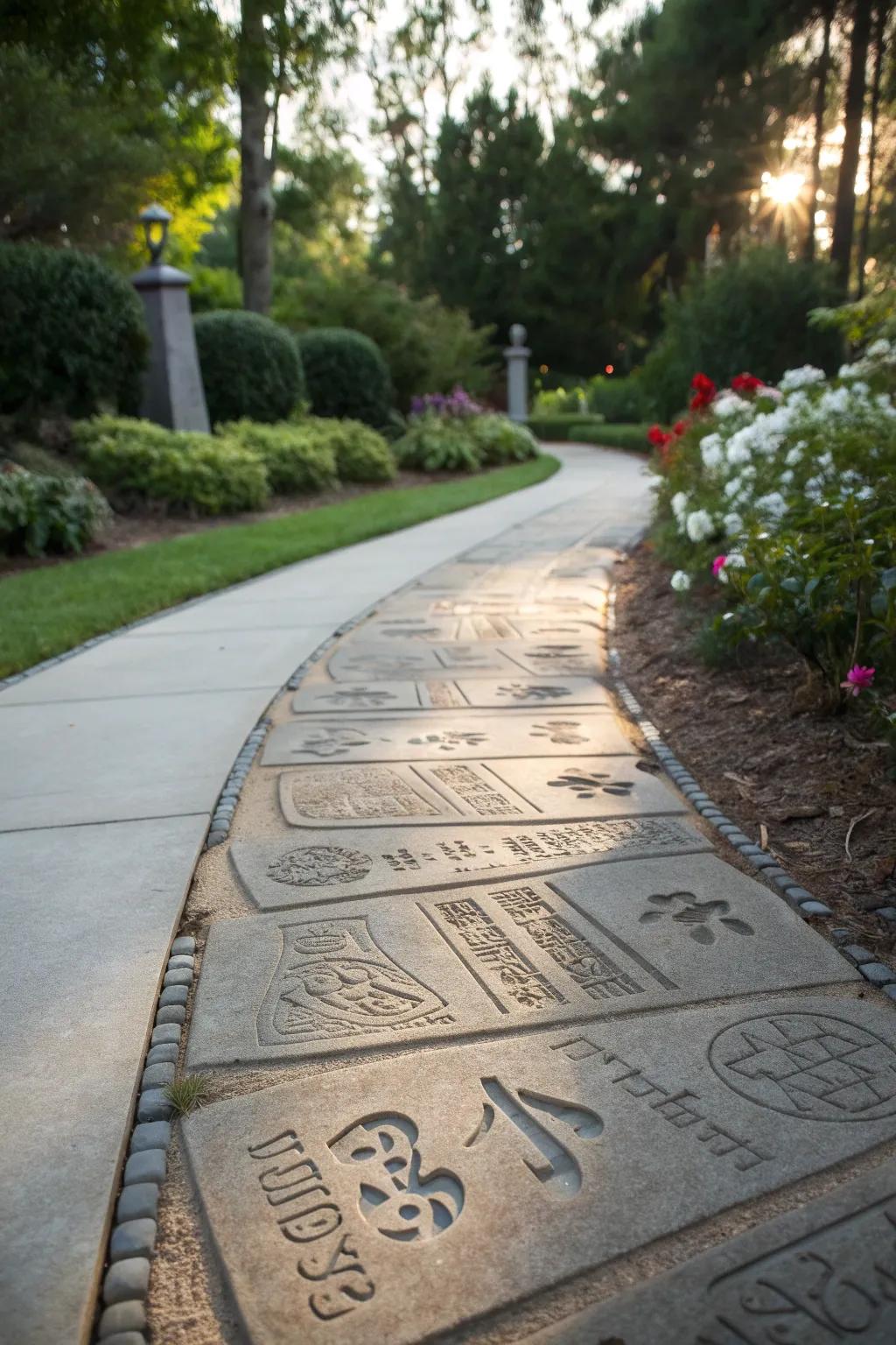 A personalized walkway featuring custom engravings in stone.
