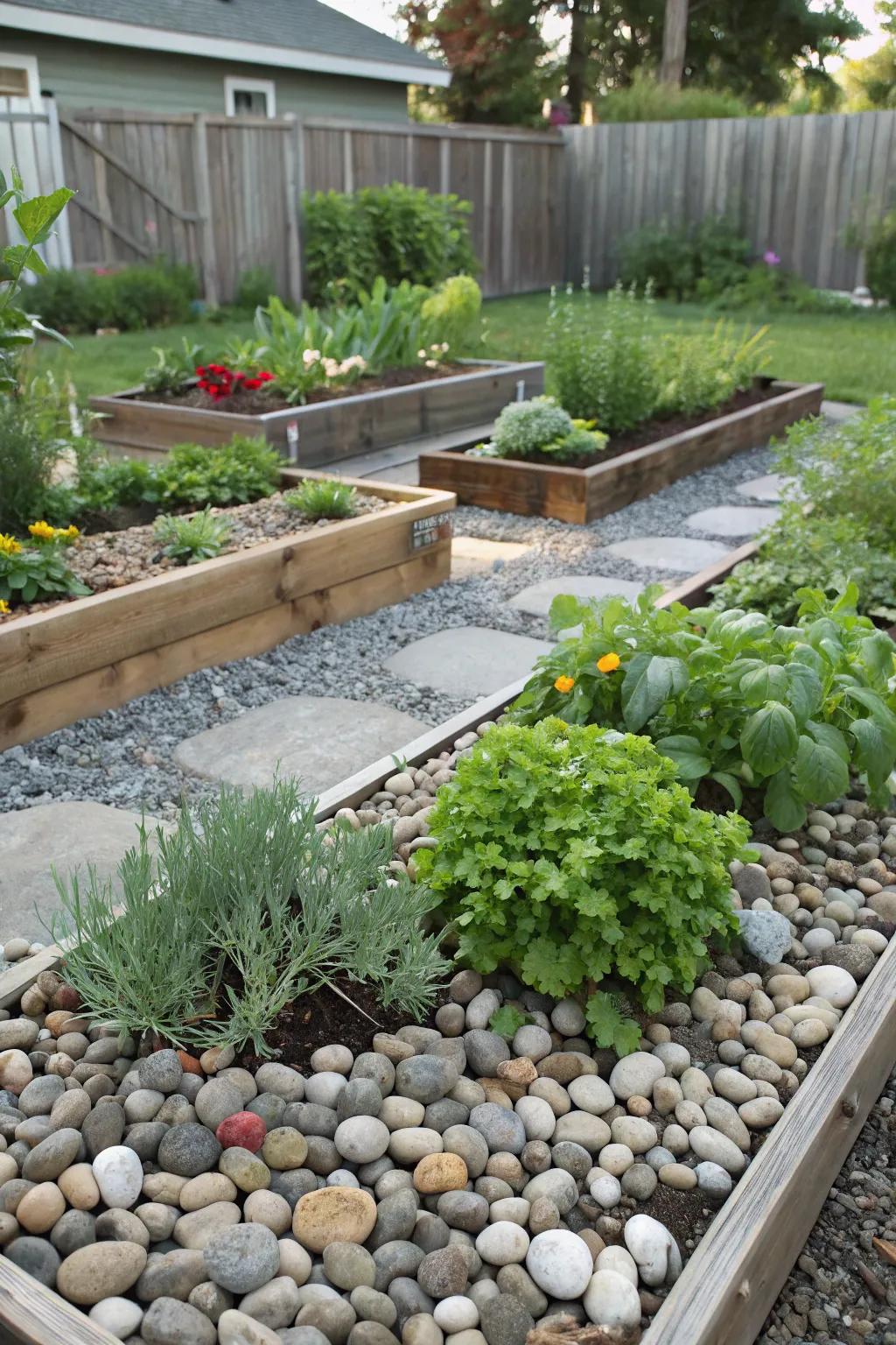 A self-sustaining garden is created by pairing river stones with edible plants.