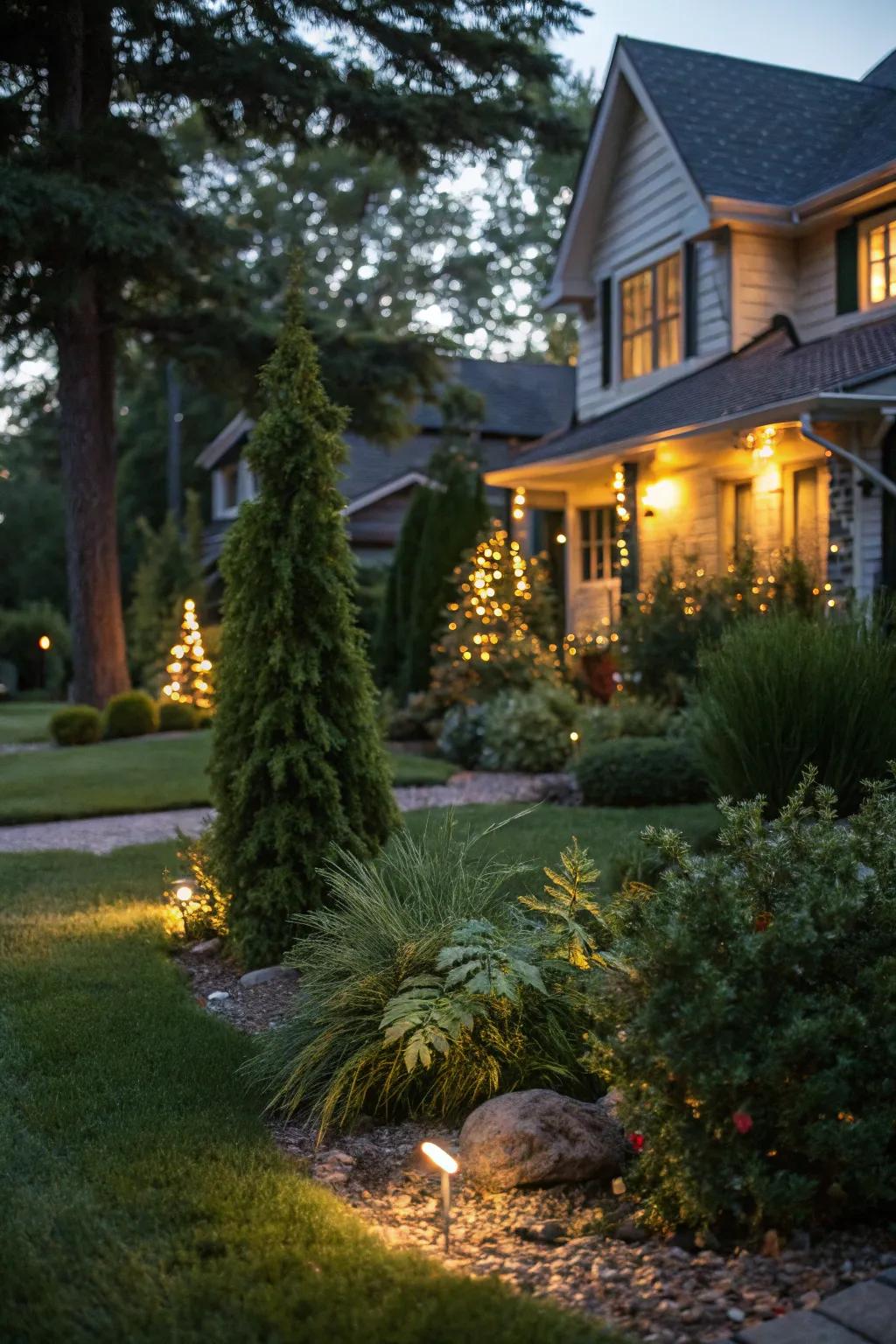 Evening lighting appends drama and underscores evergreen attributes.