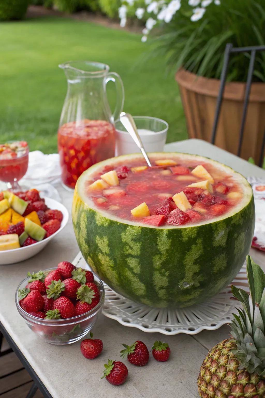 A watermelon punch bowl serves as a dual-purpose focal point.