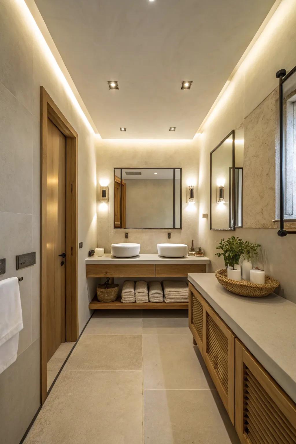 A minimalist bathroom features clean lines and a serene ambiance.