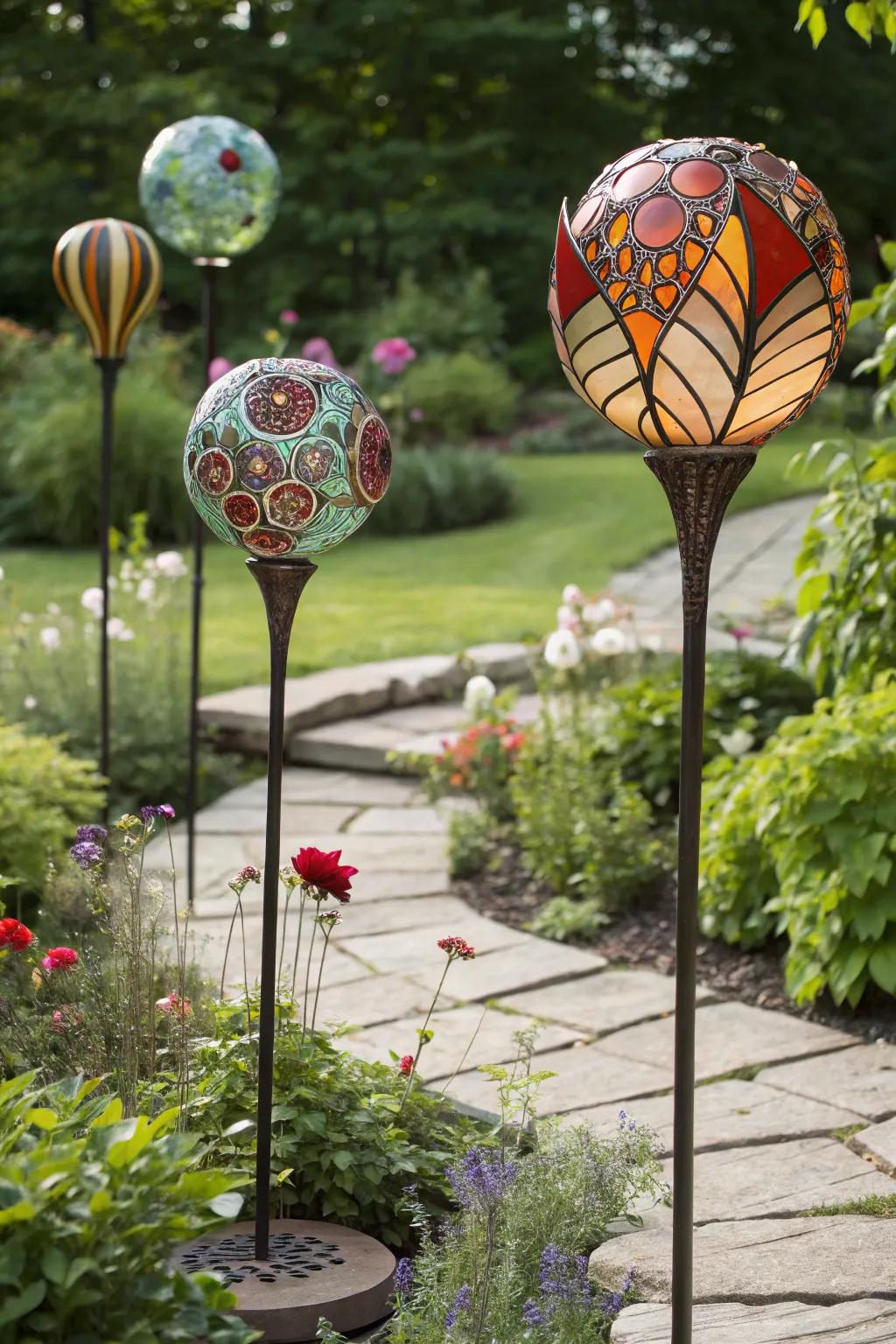 Abstract art stakes transforming the garden into a creative area.