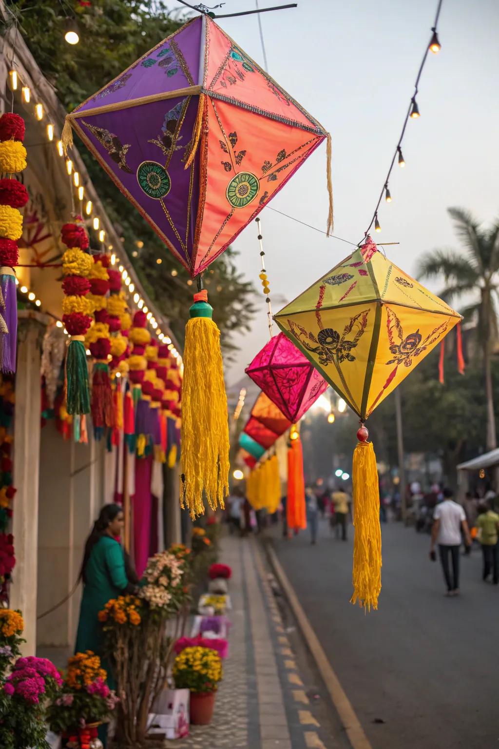 Playful and colorful sky flyers adding a cheerful element to the Ganesh Chaturthi decor.