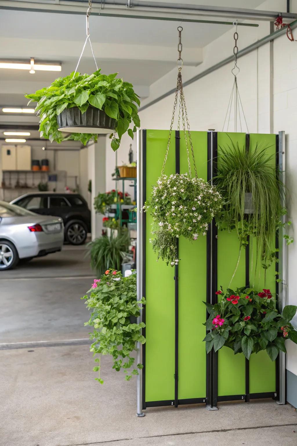 Hanging baskets add greenery and separate spaces naturally.