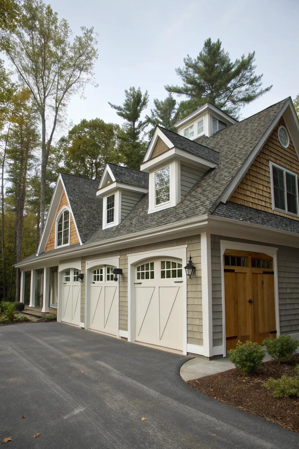 Dormers as focal points enhance the garage's dramatic appeal.