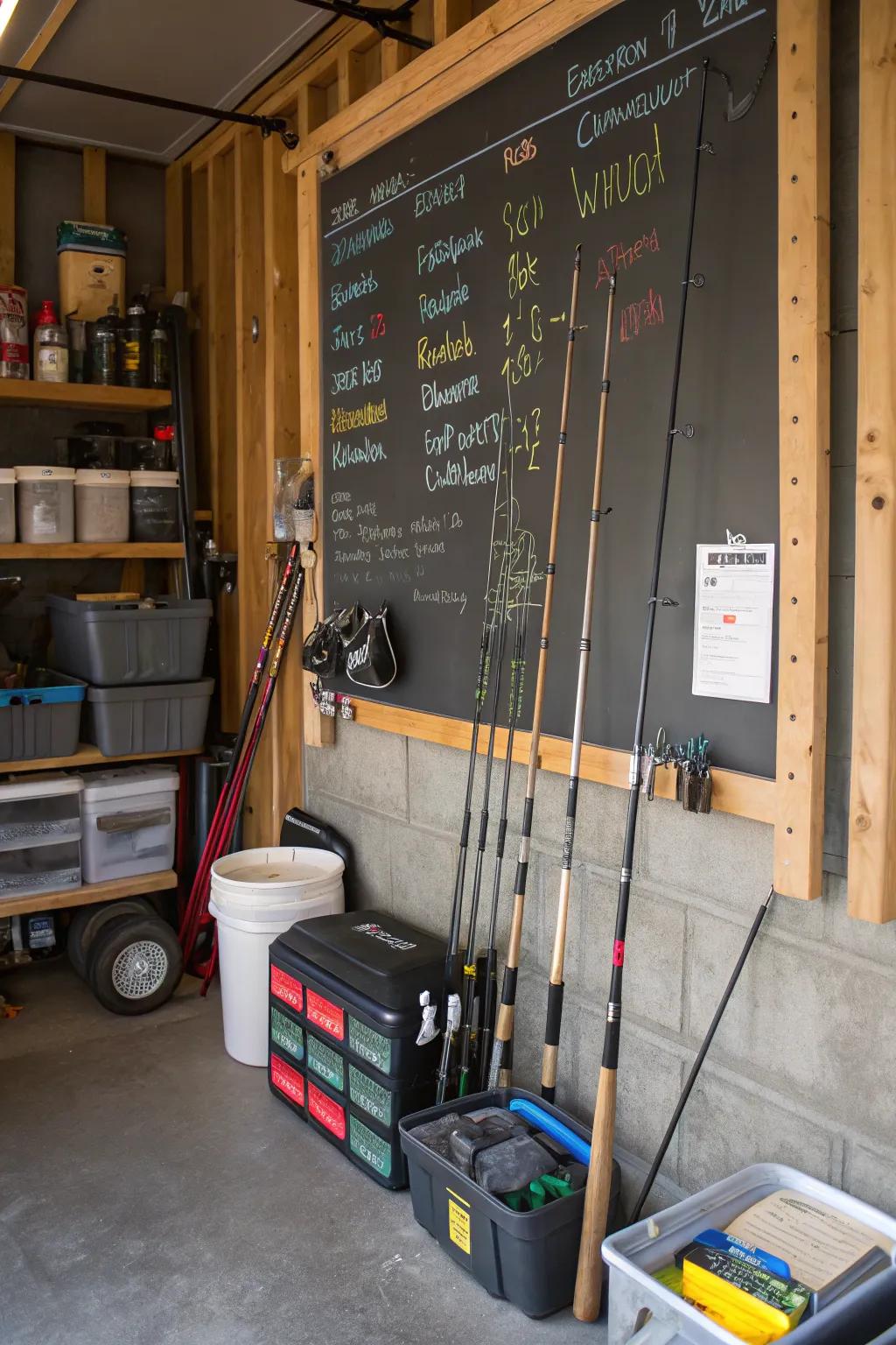 A chalkboard wall adds a personal and practical element to your fishing gear storage area.