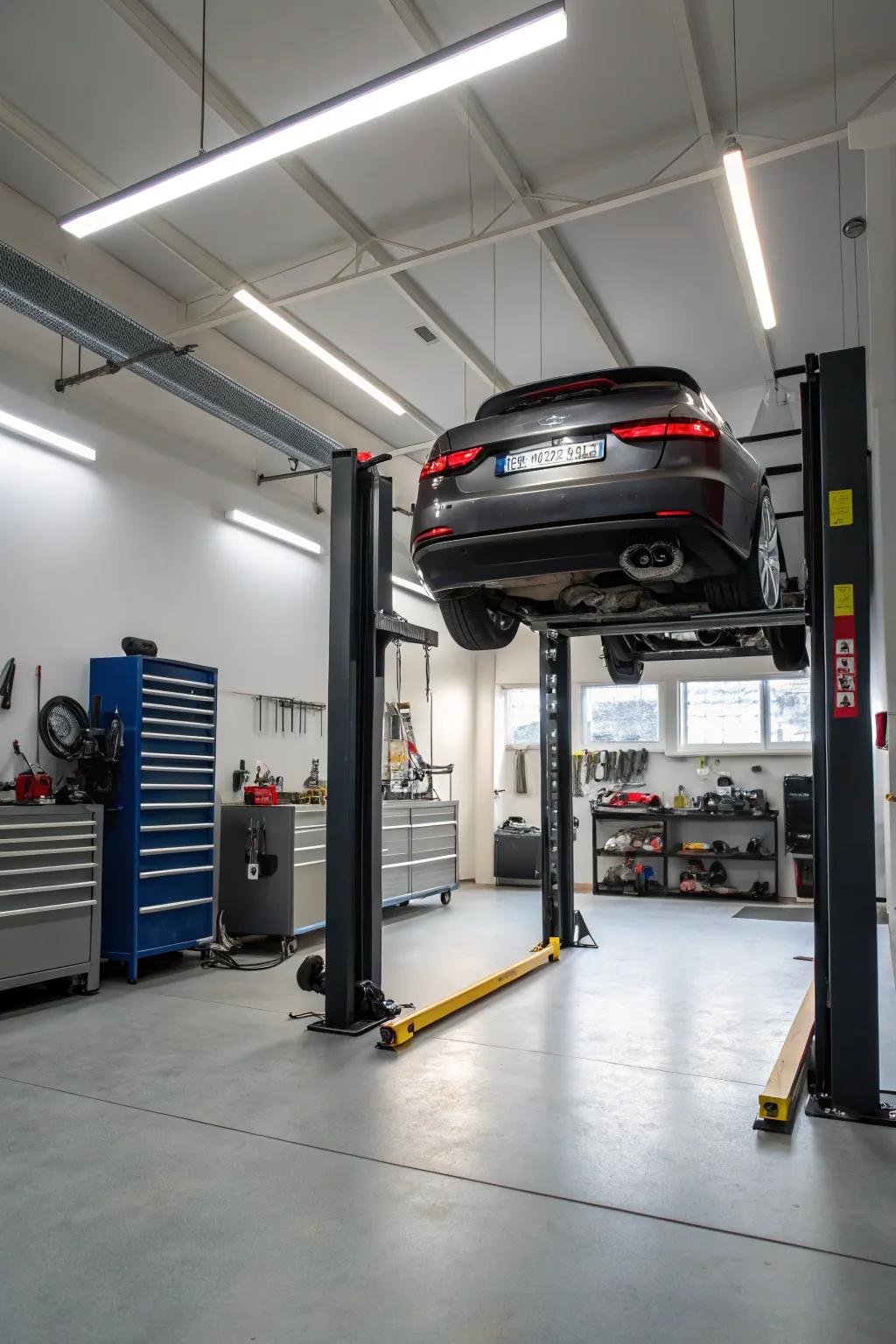 Lifts with built-in lighting enhance workspace visibility.