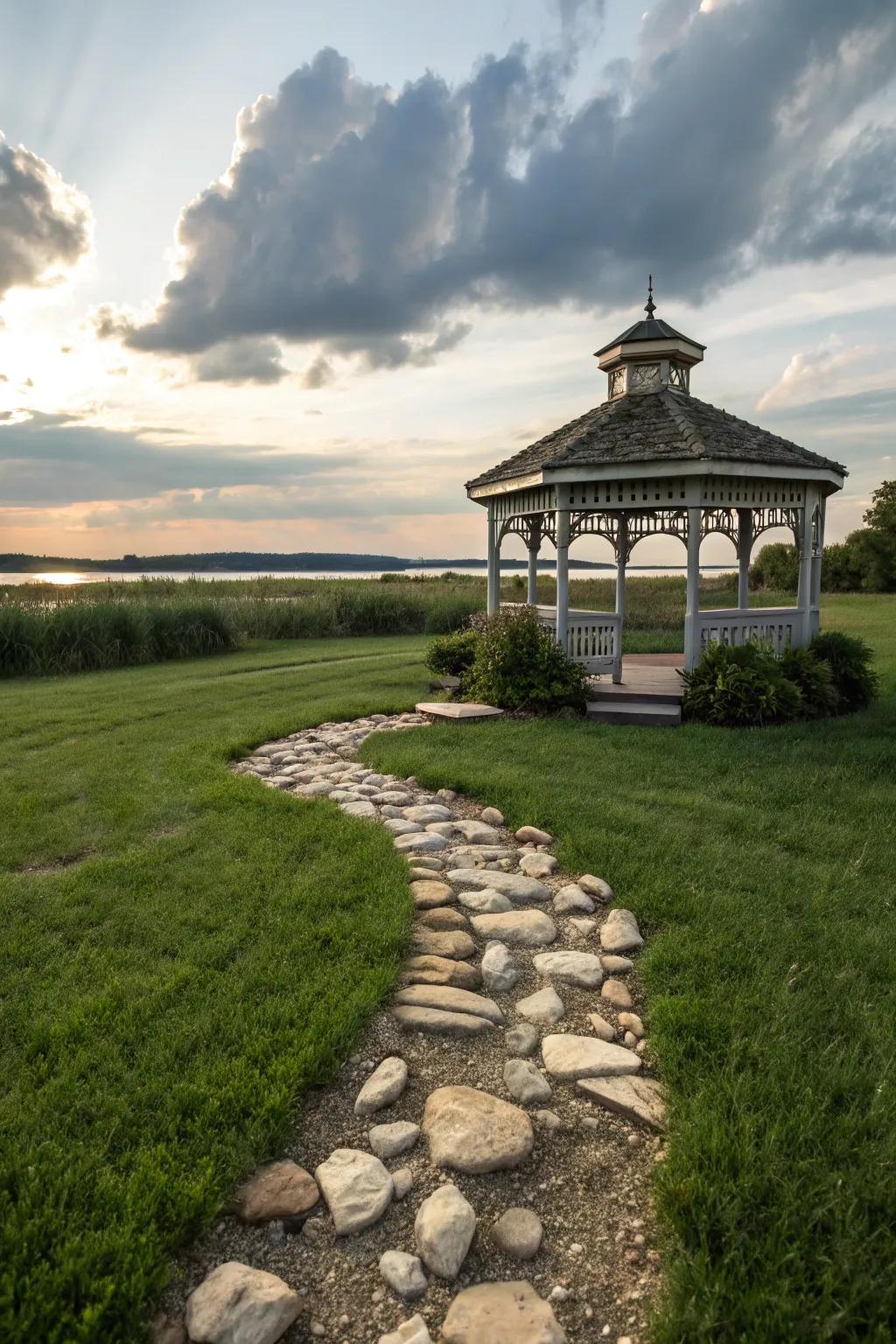 Stream stone walkways introduce movement and natural beauty to gazebo floors.