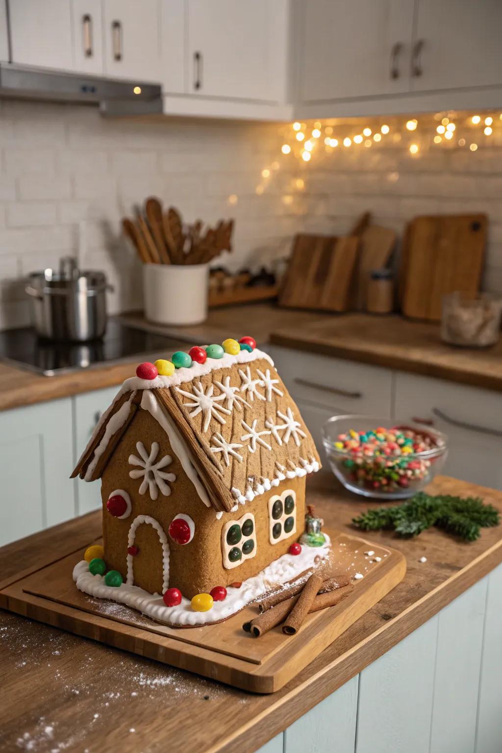 A gingerbread rooftop featuring rustic sweet bark sticks.