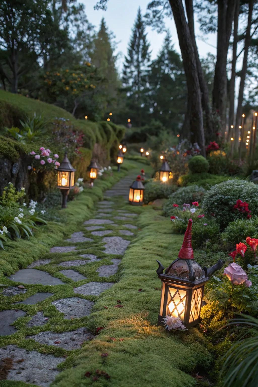 Gnome illumination casts a spellbinding gleam upon the garden.