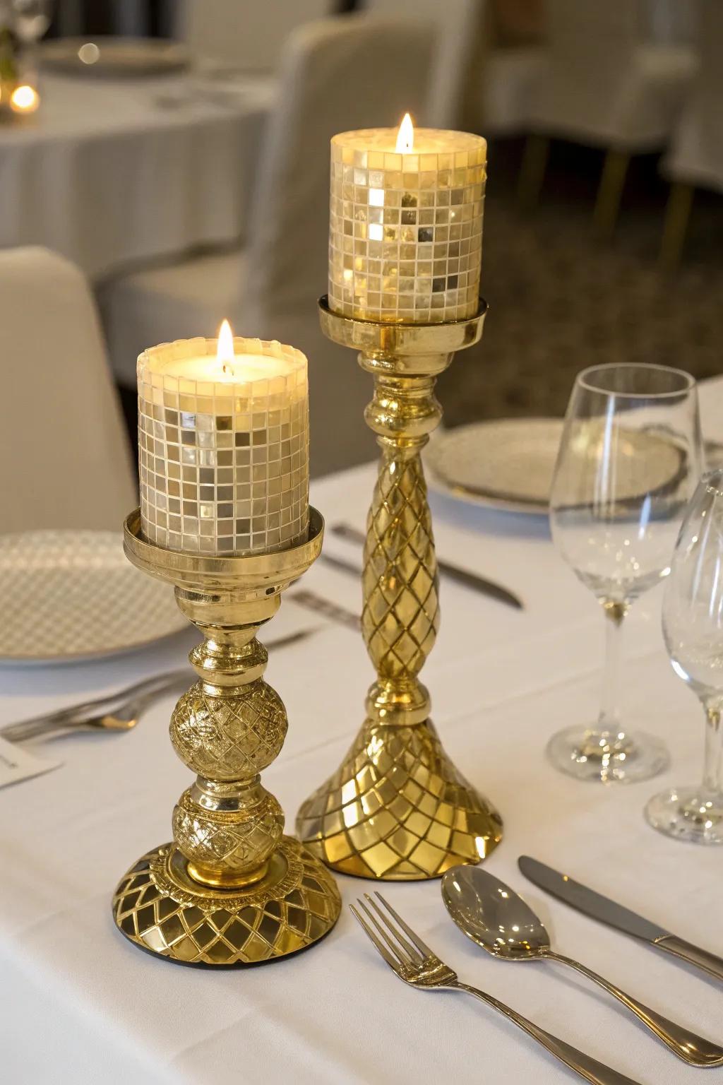 Dazzling gold mosaic light stands offering a warm gleam.