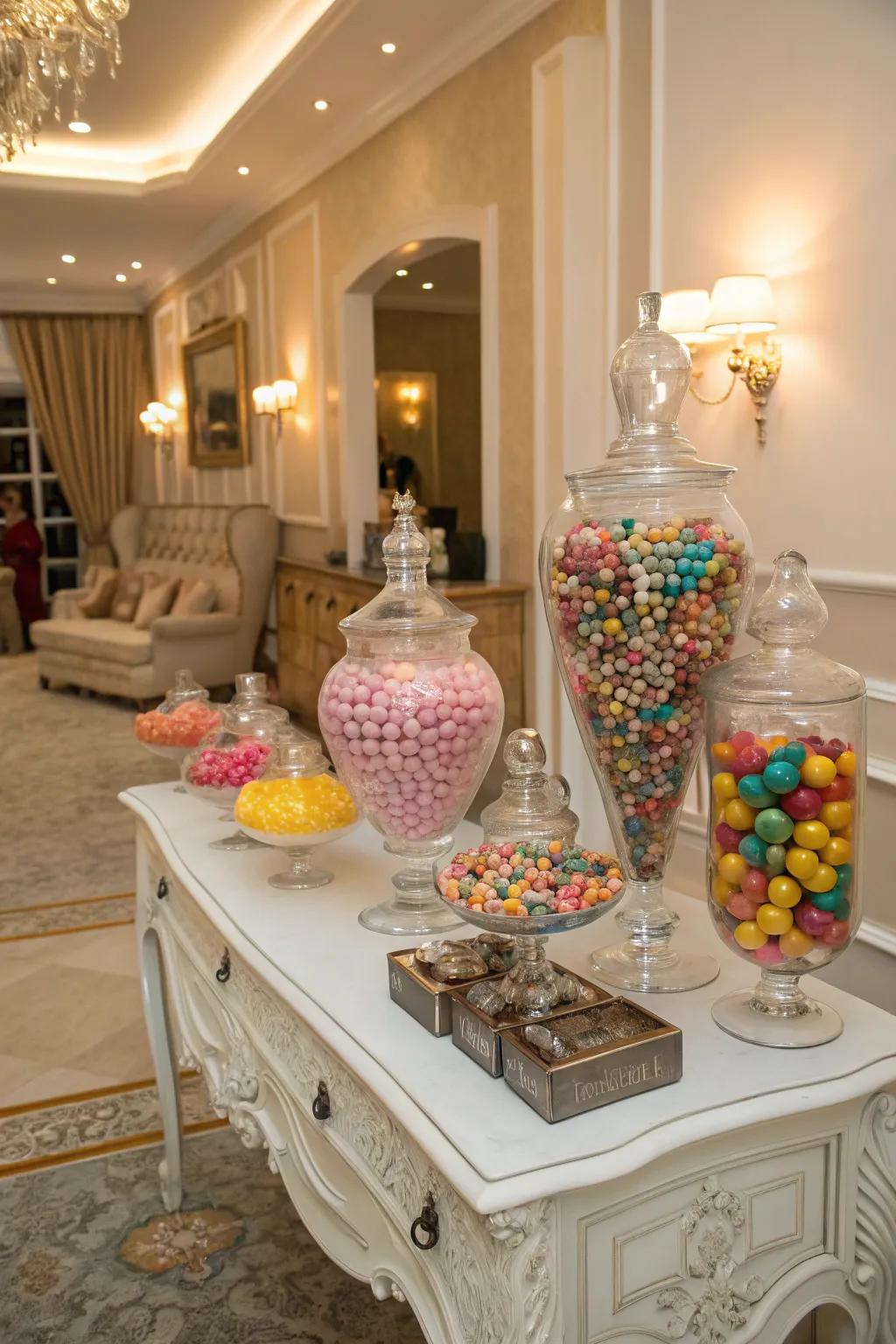 Confection canister centerpieces infuse elevation and grace into your spectacle.