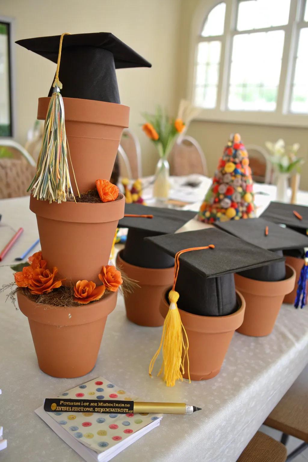 DIY graduation cap centerpieces add a touch of festivity and charm.