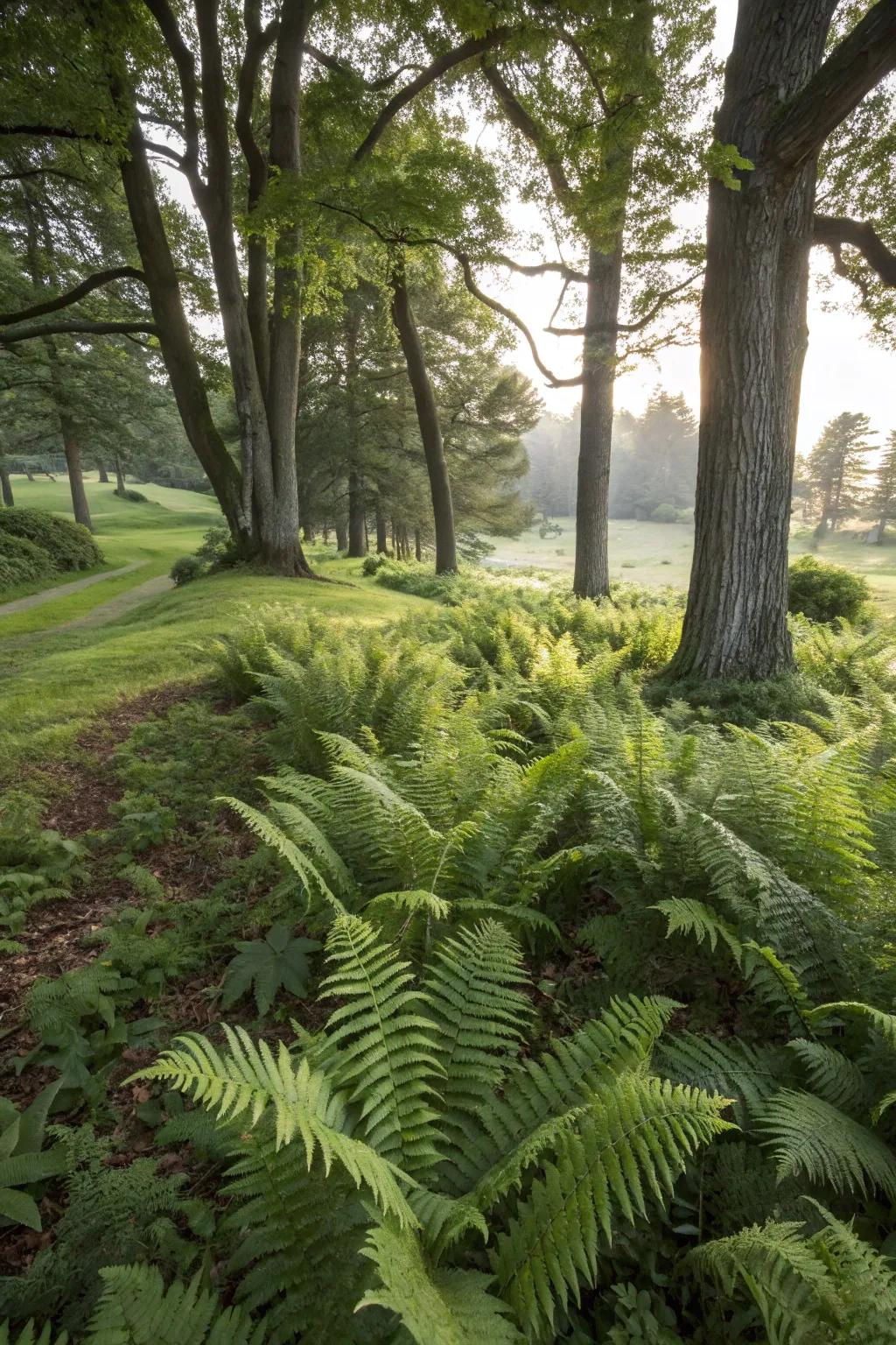 Fern scenes add softness and greenery to shaded areas.