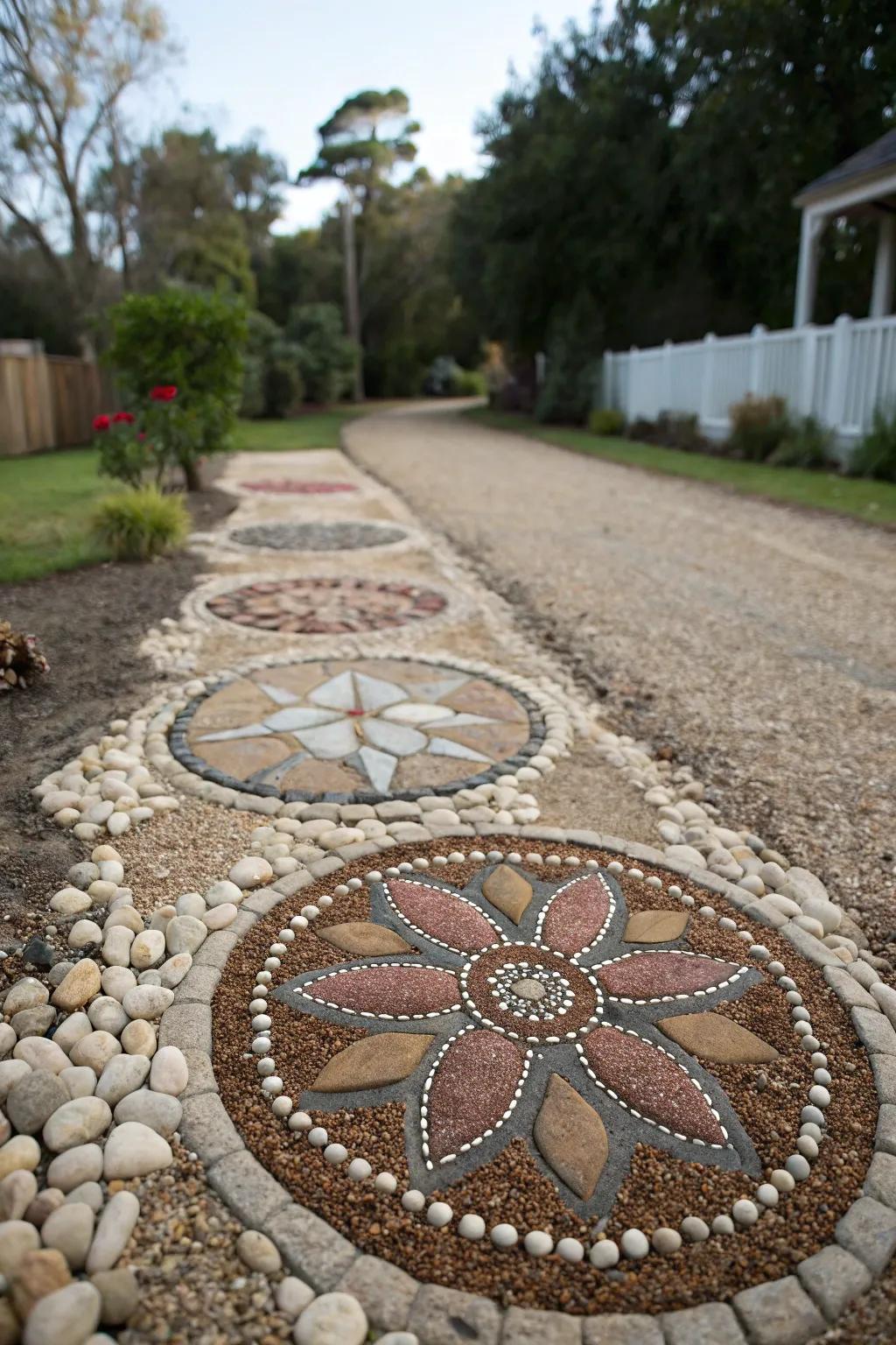 Artistic stone arrangements personalize this gravel driveway.