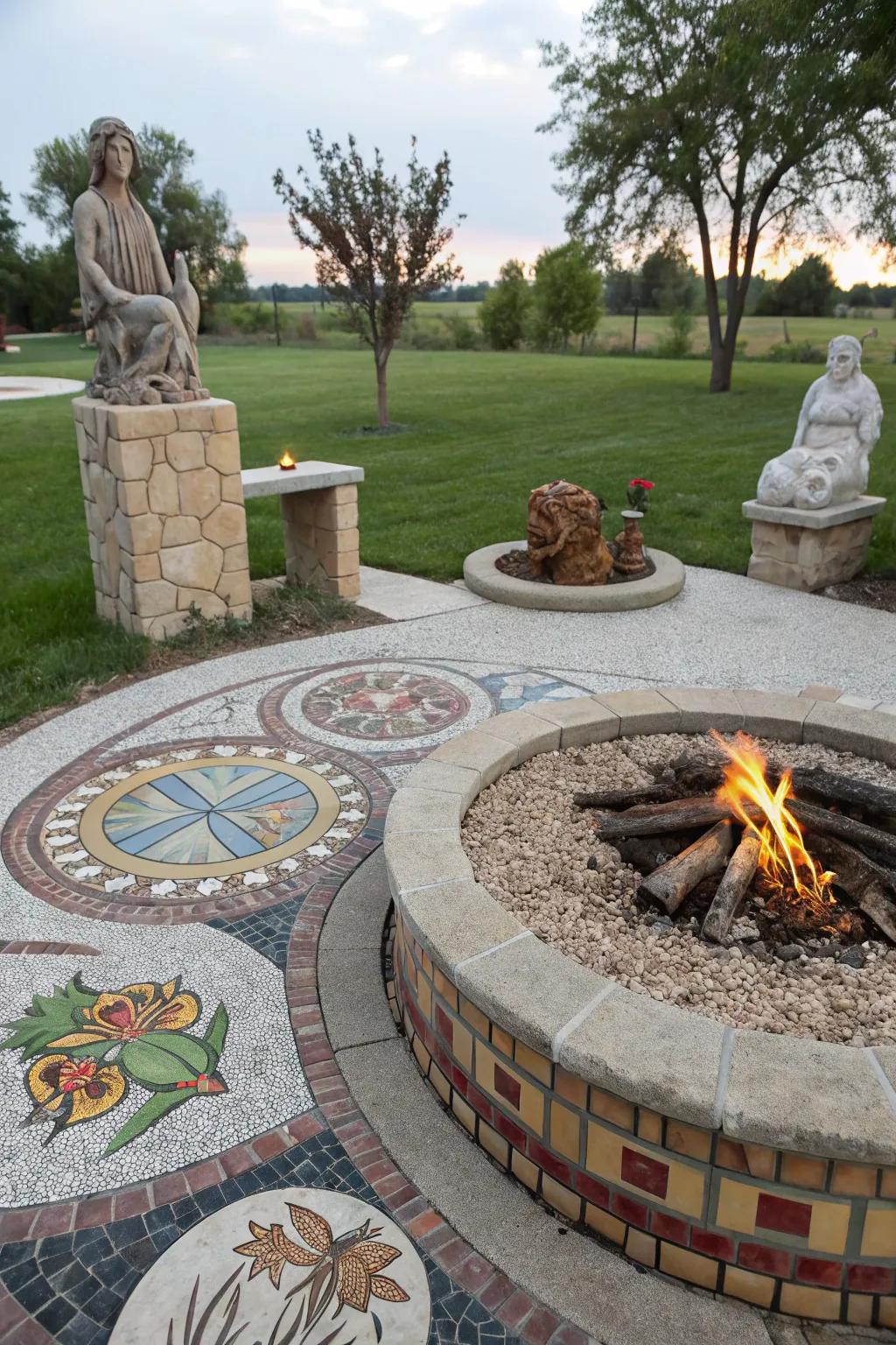 Artistic elements add a personal touch to your fire pit zone.