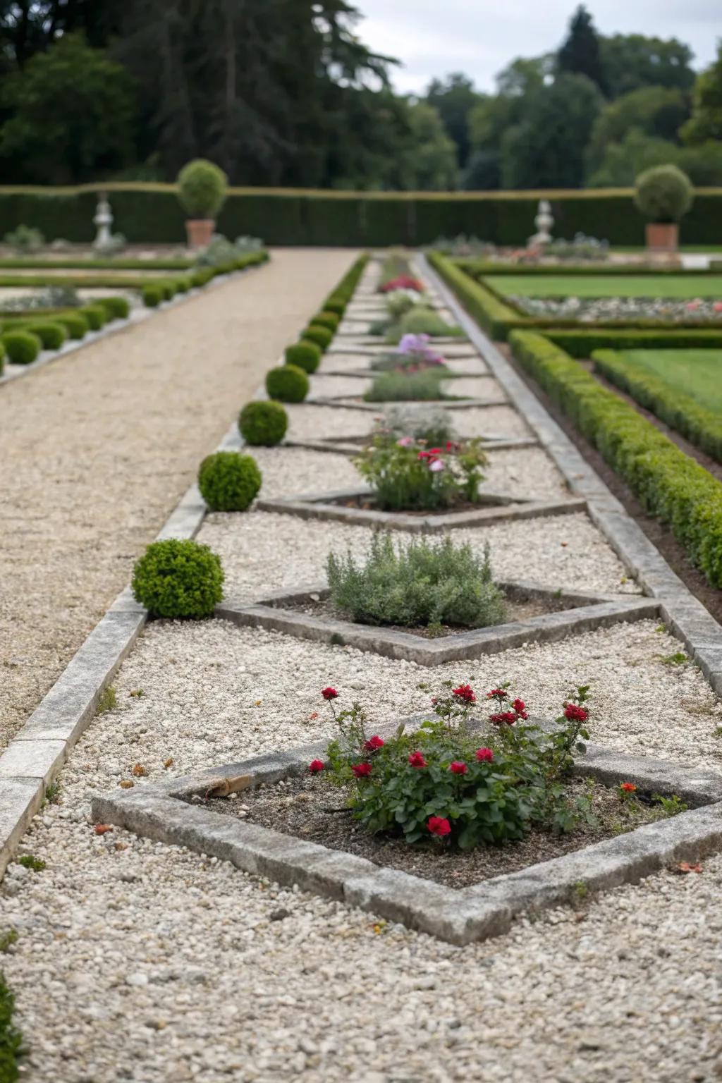 A pebble garden bed displaying a symmetrical and balanced design